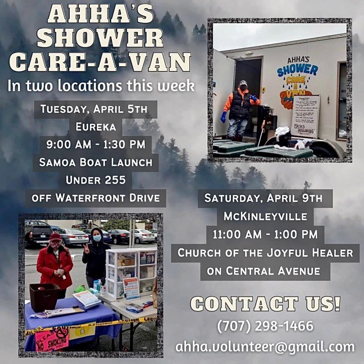 Please Share! 💛🚿
AHHA's Shower-Care-A-Van will be in two locations this week. All are welcome! Come join us! 
.
#ahha
#ahhahumboldt
#shower 
#hotshowers
#wellness
#hygiene
#humboldtcounty
#eureka
#mckinleyville 
#homelessadvocate