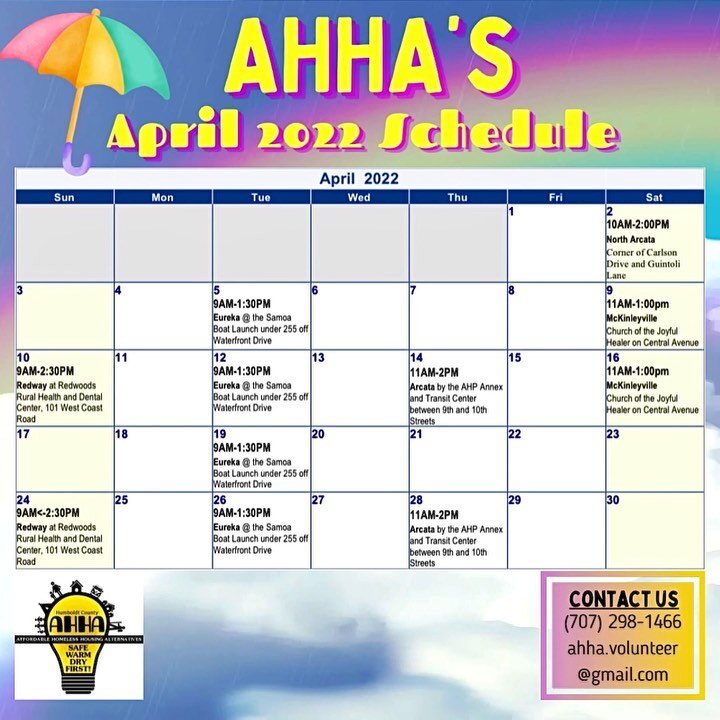 Please share! 🚿💛
AHHA's April Shower-Care-A-Van Schedule.
.
All are welcome! Please join us!
.
#ahha
#ahhahumboldt
#shower 
#hotshowers 
#hygiene
#wellness
#humboldtcounty
#homelessadvocate