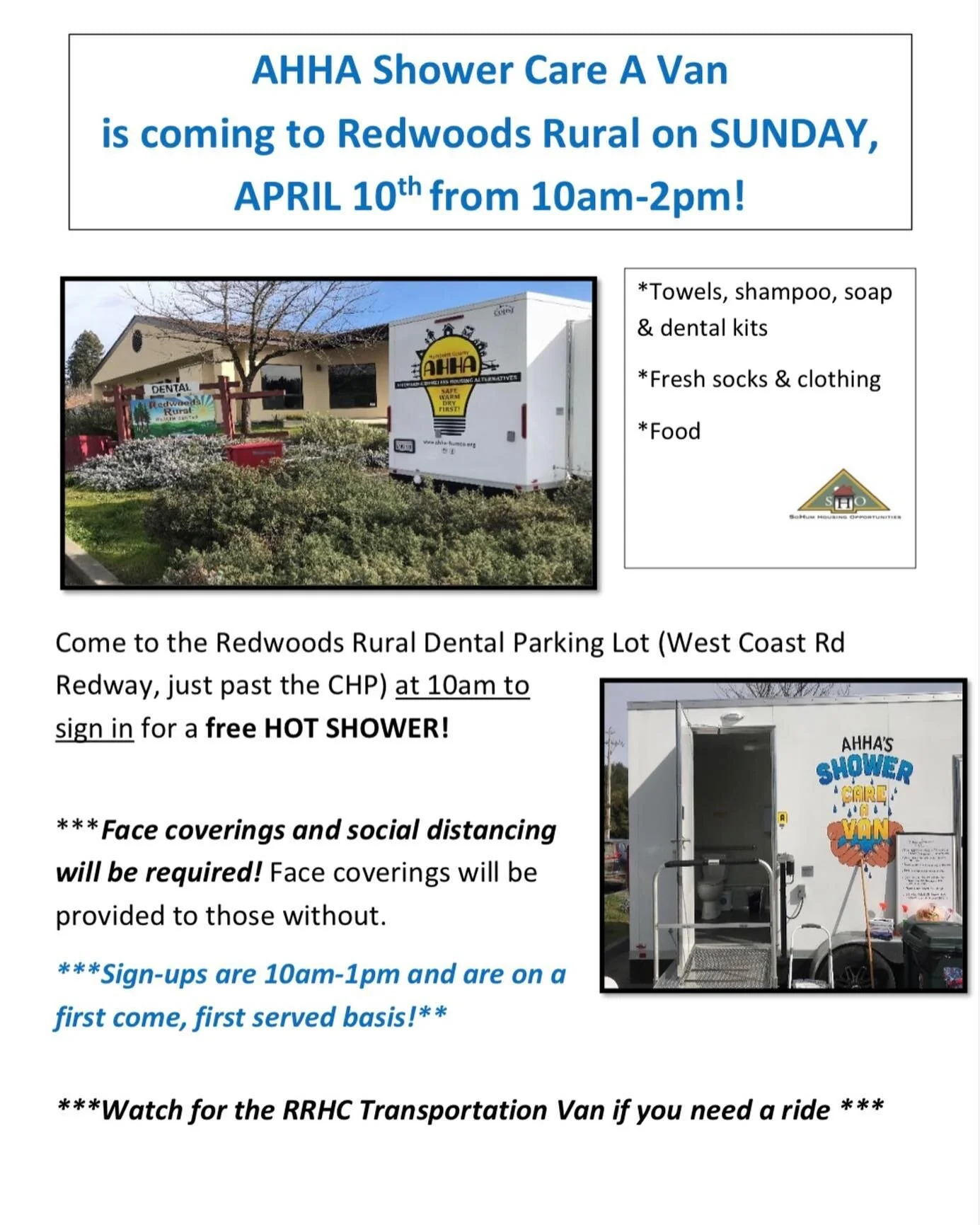 Please Share! 💛🚿
.
Sunday, April 10th AHHA's Shower-Care-A-Van will be in Redway! All are welcome! Please join us!
.
#ahha
#ahhahumboldt
#shower
#hotshowers
#wellness
#hygiene
#humboldt
#humboldtcounty
#homelessadvocate