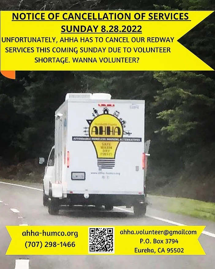 Hey ya&rsquo;ll. We unfortunately have to cancel our upcoming service in Redway this coming Sunday, Aug 28th due to staffing shortage. If you&rsquo;re interested in volunteering in SoHum or at any of our other shower days, please use the QR code prov