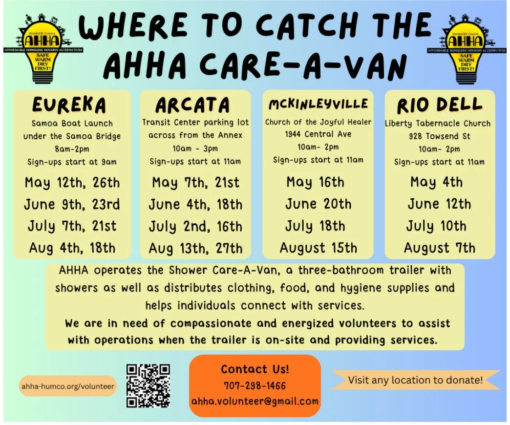 AHHA Care-a-Van Summer 2026 Schedule and call for volunteers! 

New Rio Dell location! 

We are in need of compassionate and energized volunteers to assist with operations when the trailer is on-site and providing services.