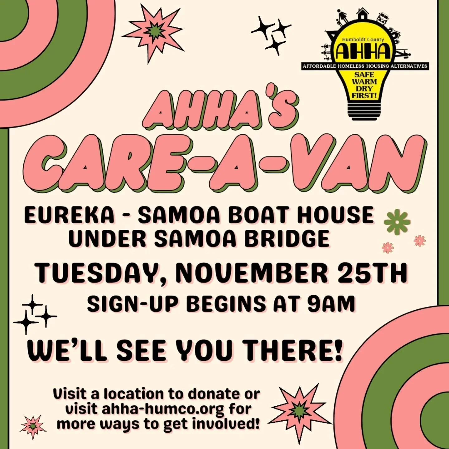 Good Morning Community! 
AHHA&rsquo;s mobile showers Care-A-Van will be under the Samoa Bridge in the Boat Launch parking lot on Waterfront Drive in Eureka today-11-25-25. Sign up for services starts at 9a.m. And runs til about 1:30-2:00p.m. Come see