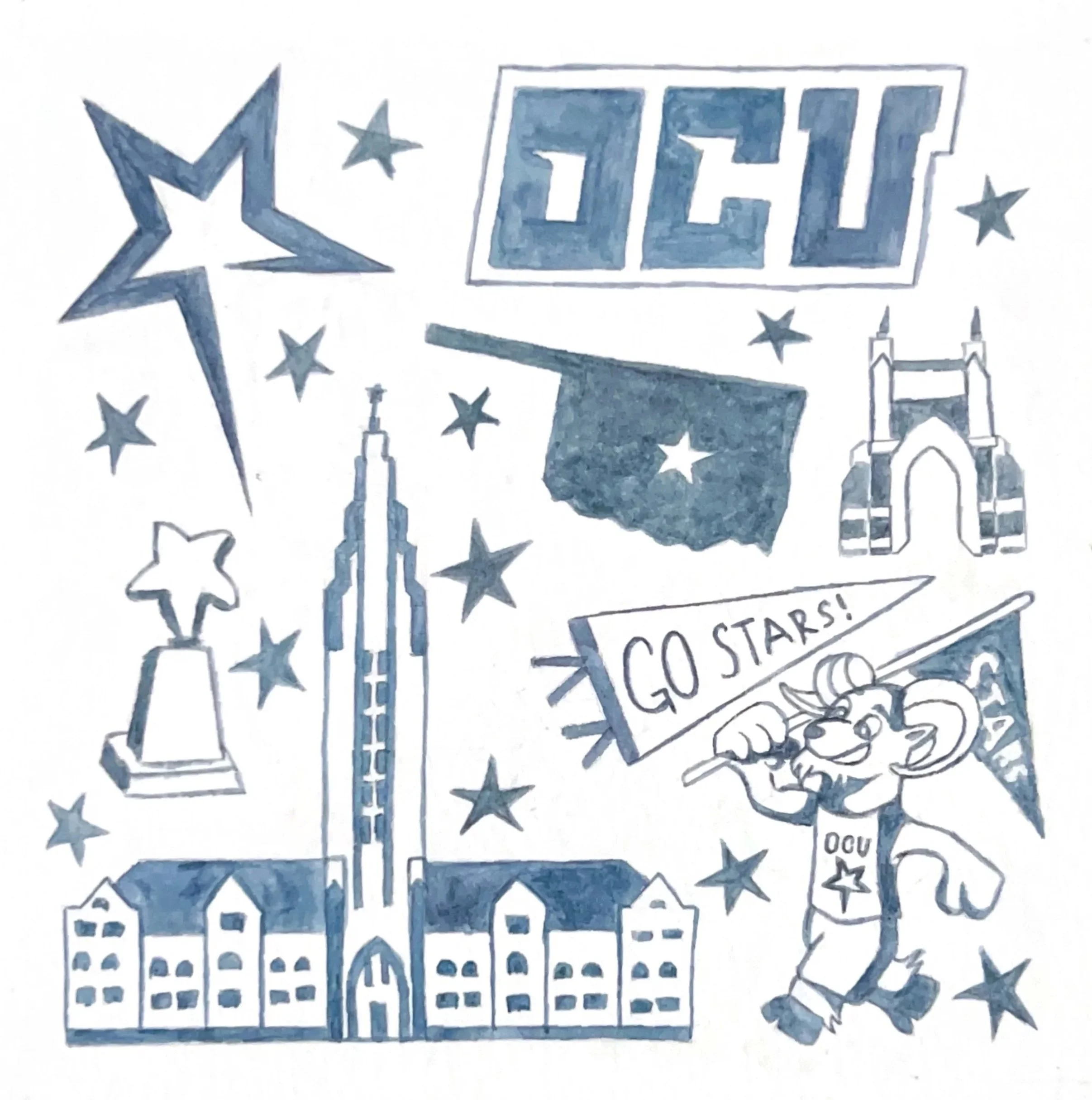 Oklahoma City University motif collage, Watercolor on paper