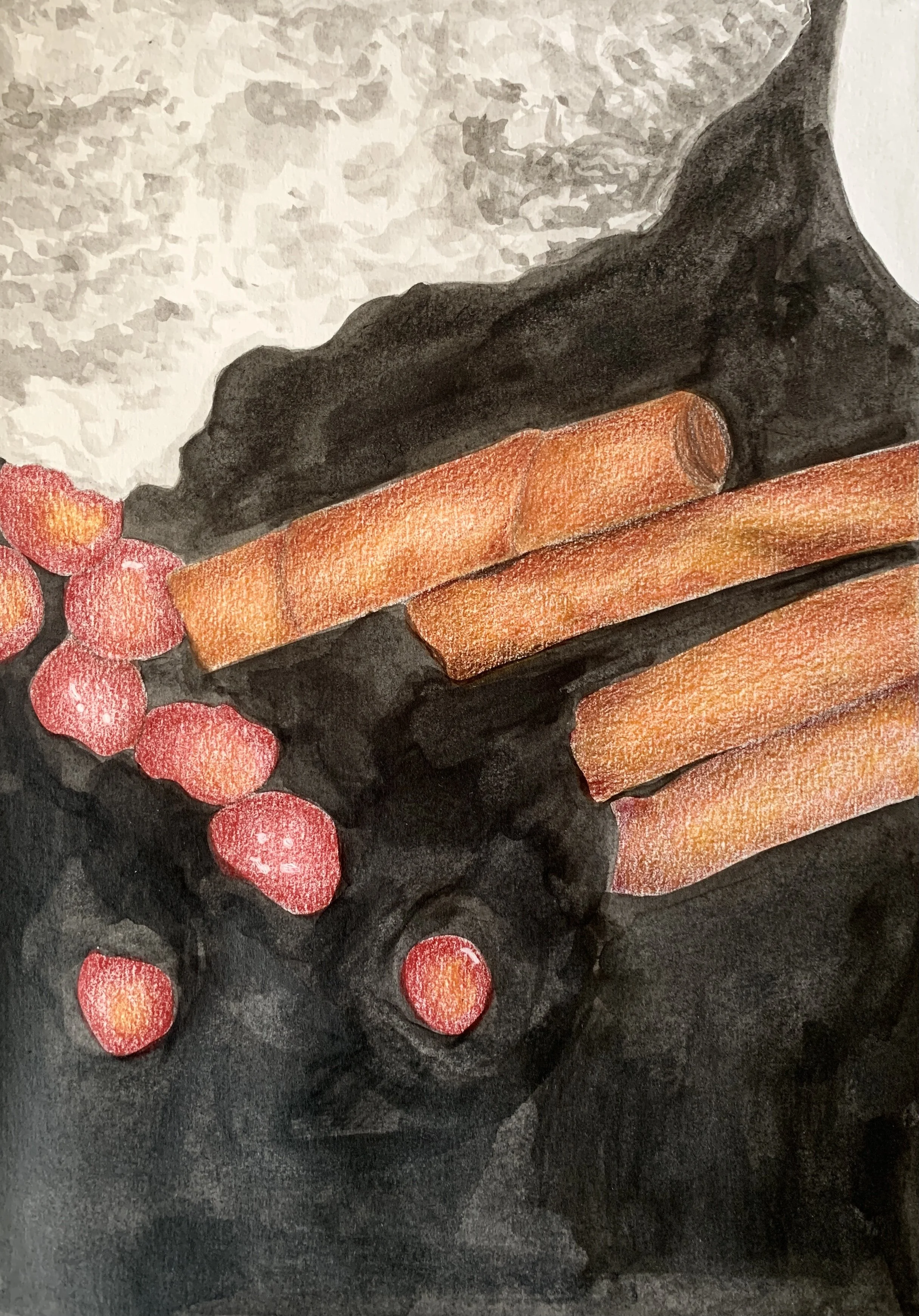 Lumpia and Rice, Ink and Colored Pencil on paper