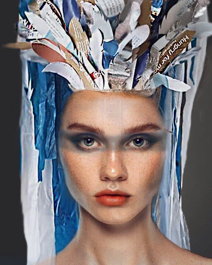 Digitally Altered Plastic (Ocean) Queen 

Utilising solely recycled or upcycled materials, this oceanic headdress reflects the state of the ever-developing climate change. The plastic bags in this model represent polluting the ocean turning our negli