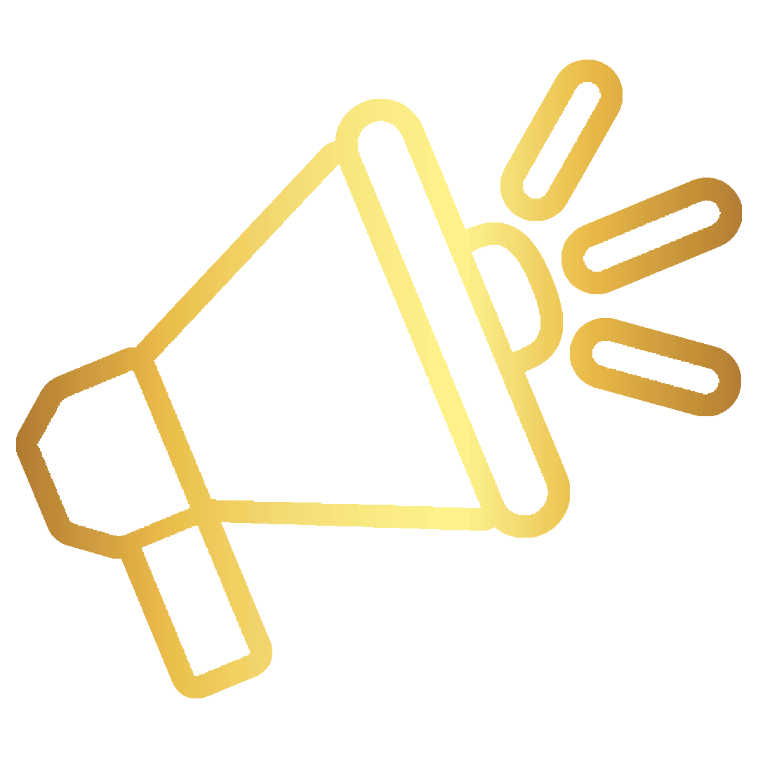Golden outline of a megaphone with sound waves emanating from it on a black background.