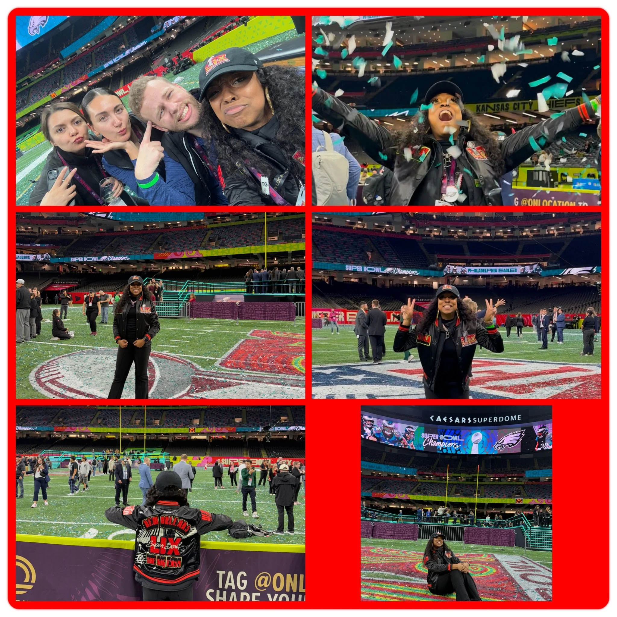 A collage of six photos taken at a Super Bowl event inside a stadium. The photos show a woman in a black jacket and cap, posing on the field, celebrating, and interacting with other attendees. Some pictures include confetti, and the stadium is decora