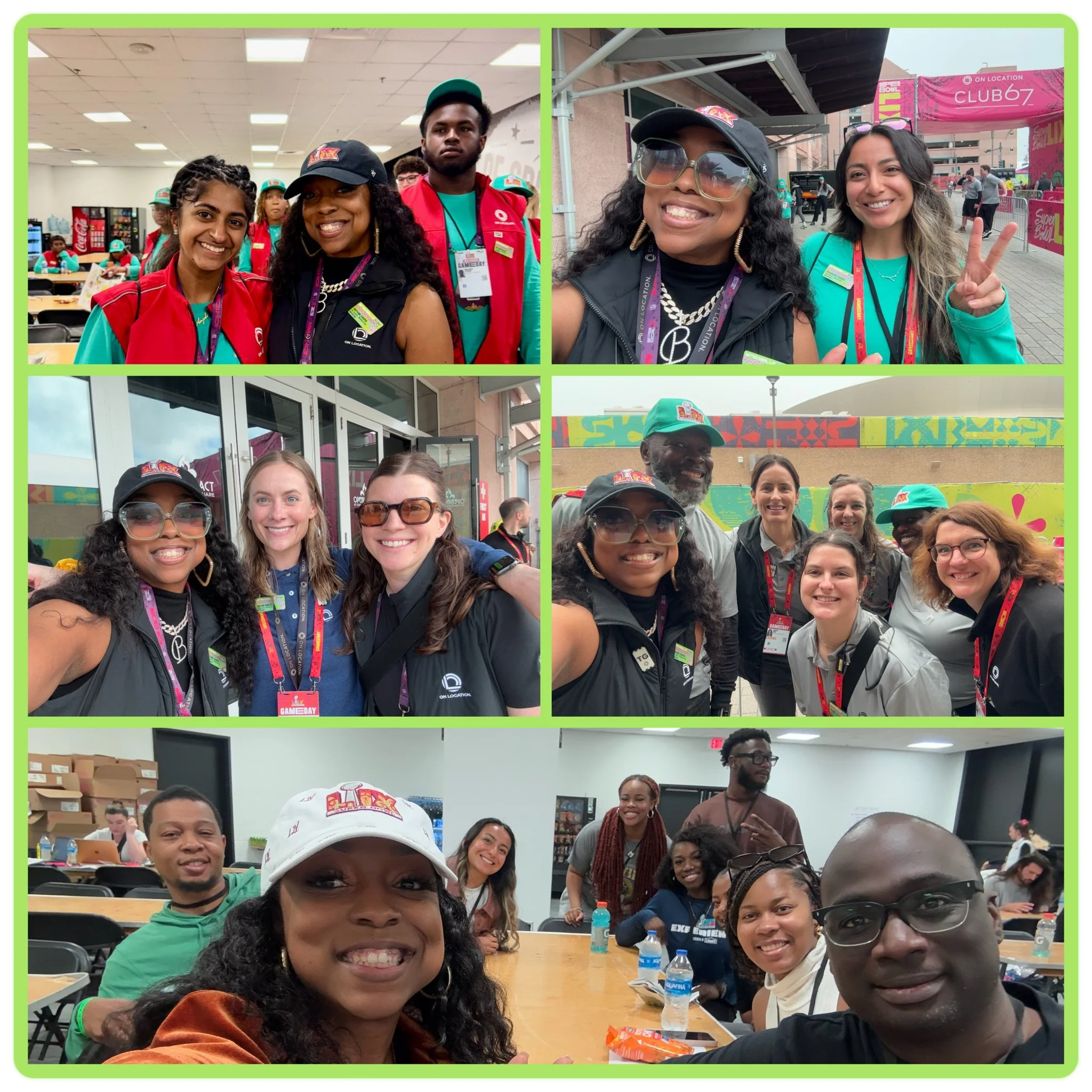 Group photos of diverse people attending an event with ID badges, including outdoor and indoor settings, smiling, posing, and wearing event caps and badges.