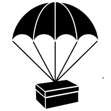 A black and white illustration of a parachute with a rectangular box attached underneath, resembling a parachute carrying a cargo or package.