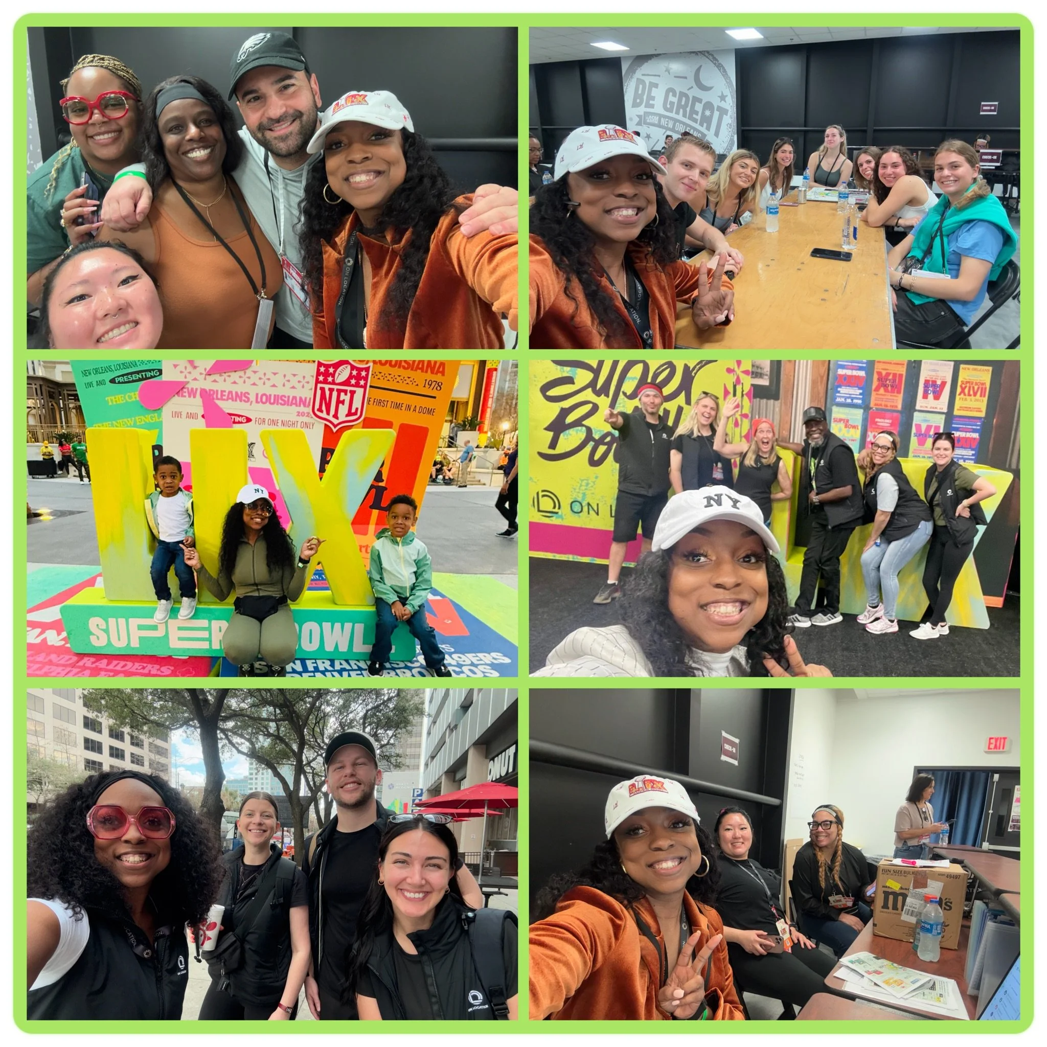 A collage of six photos featuring a woman with curly black hair wearing a white cap and orange jacket. In the top left, she is taking a group selfie with four diverse people at an event. In the top right, she is sitting at a table with young women in