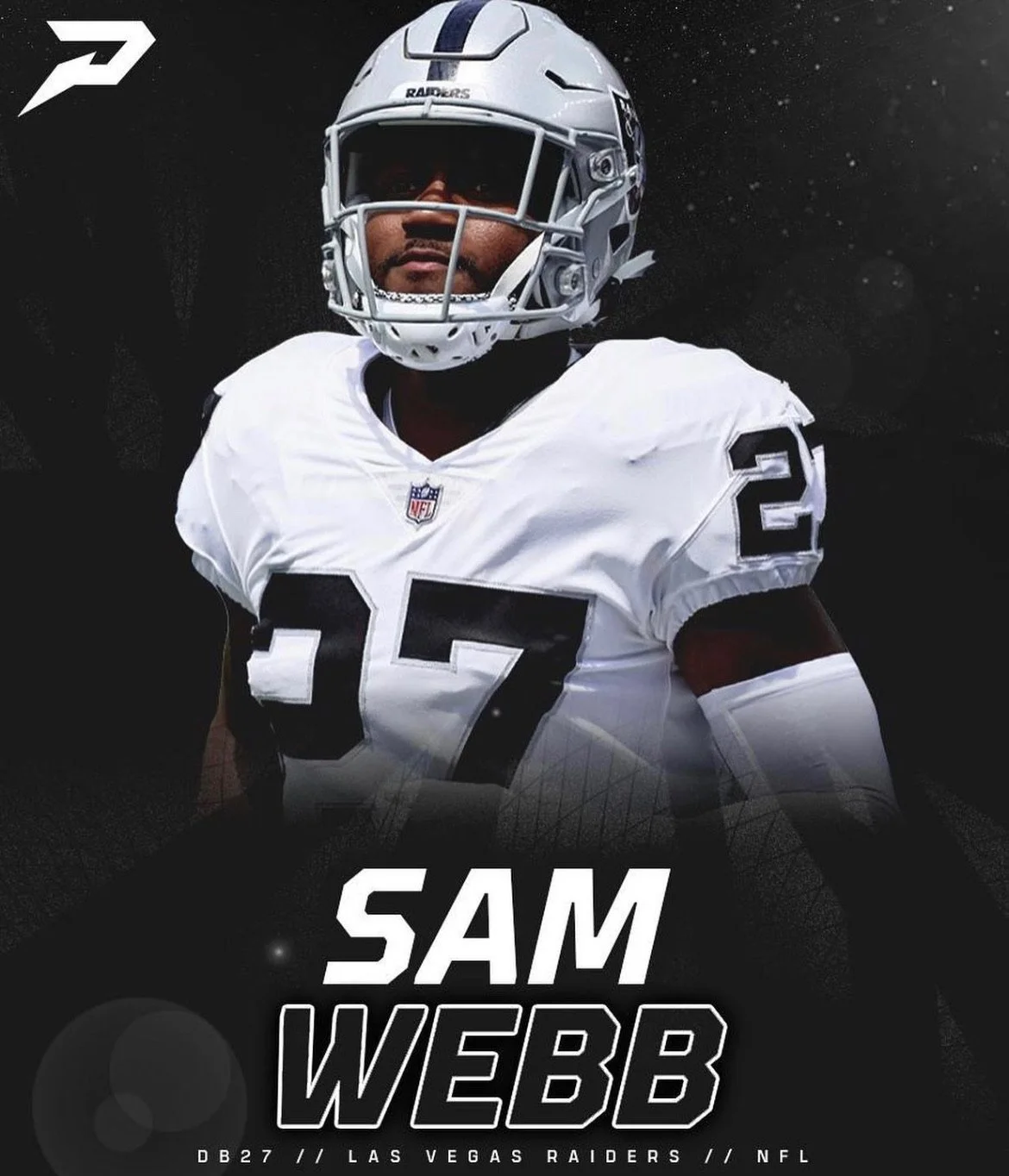 An American football player wearing a white Las Vegas Raiders jersey with the number 27, a silver helmet with black and white accents, and a visor. The background is dark with a faint spotlight effect. Text at the bottom reads "SAM WEBB" with additio