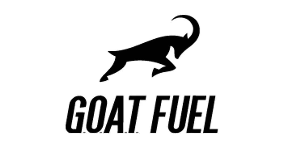 Black silhouette of a goat above the bold text "GOAT FUEL" on a white background.