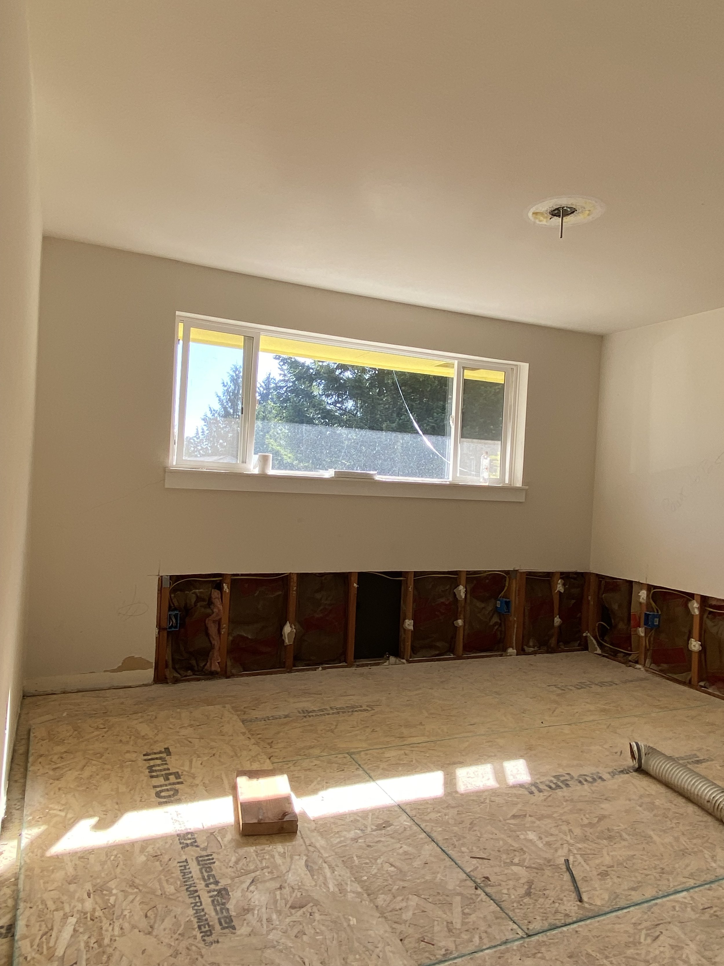 Before drywall repair in Redmond WA showing lower wall damage and exposed insulation.