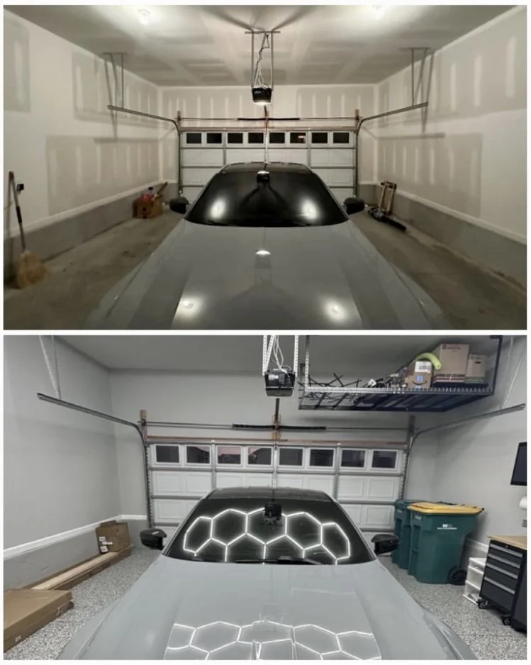 Before and after garage drywall upgrade in Mercer Island featuring Level 4 smooth finish, painted walls, and upgraded lighting for a clean modern garage