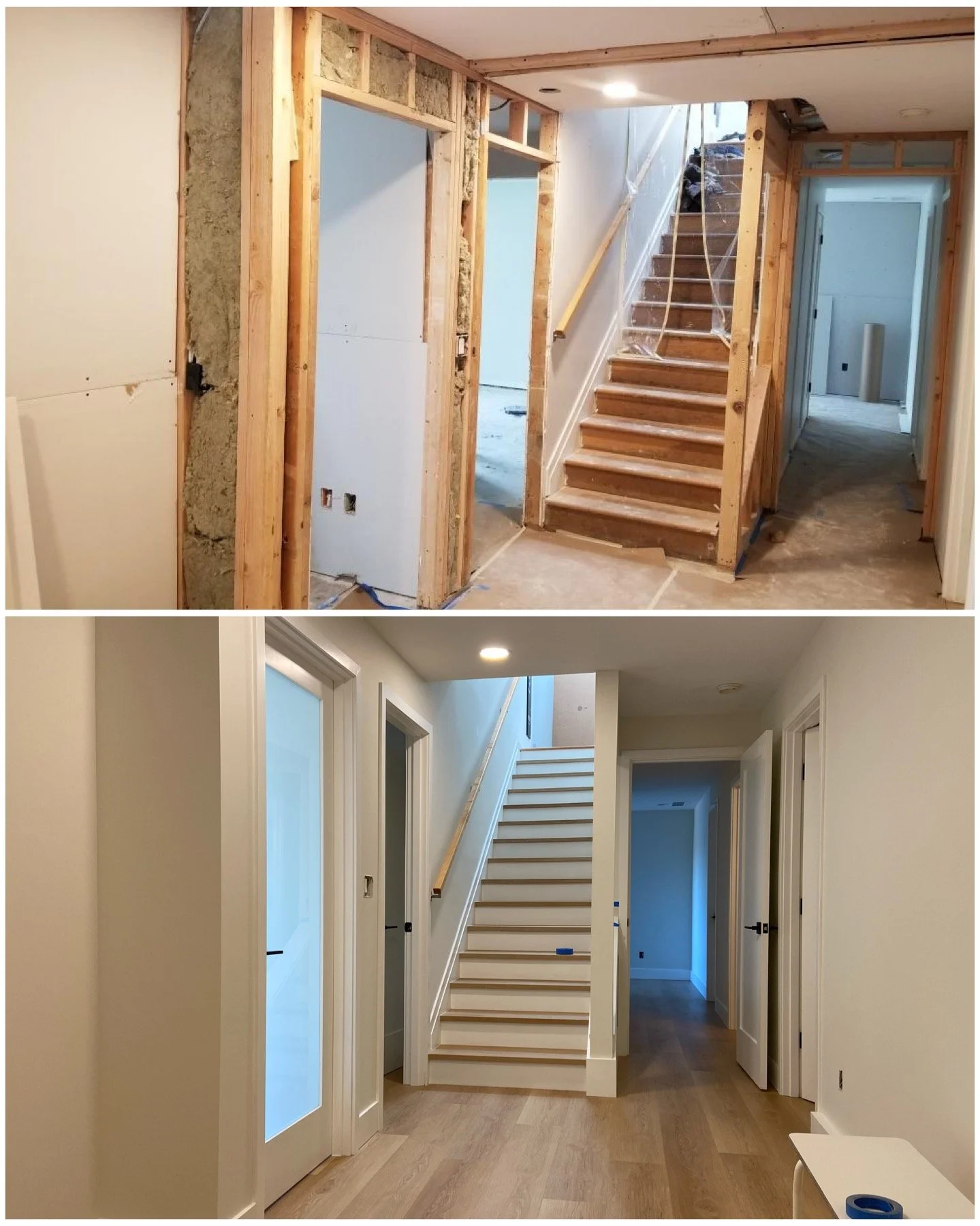 Before and after basement drywall installation in Mercer Island, WA, showing Level 4 finish, primer, and completed interior paint with smooth walls and finished stairway.