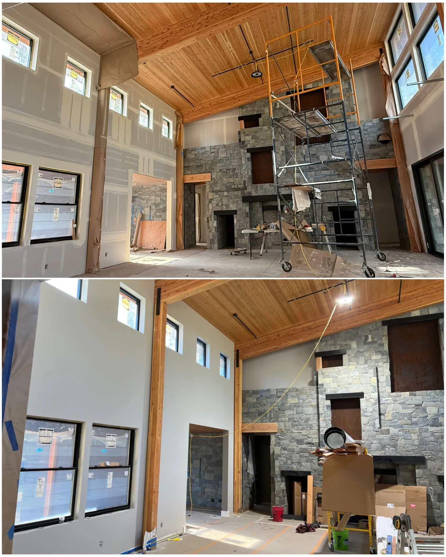 Before-and-after comparison of drywall finishing and painting in a Duvall custom home, showing taped drywall above and smooth painted walls below, with a wood ceiling and stone fireplace.