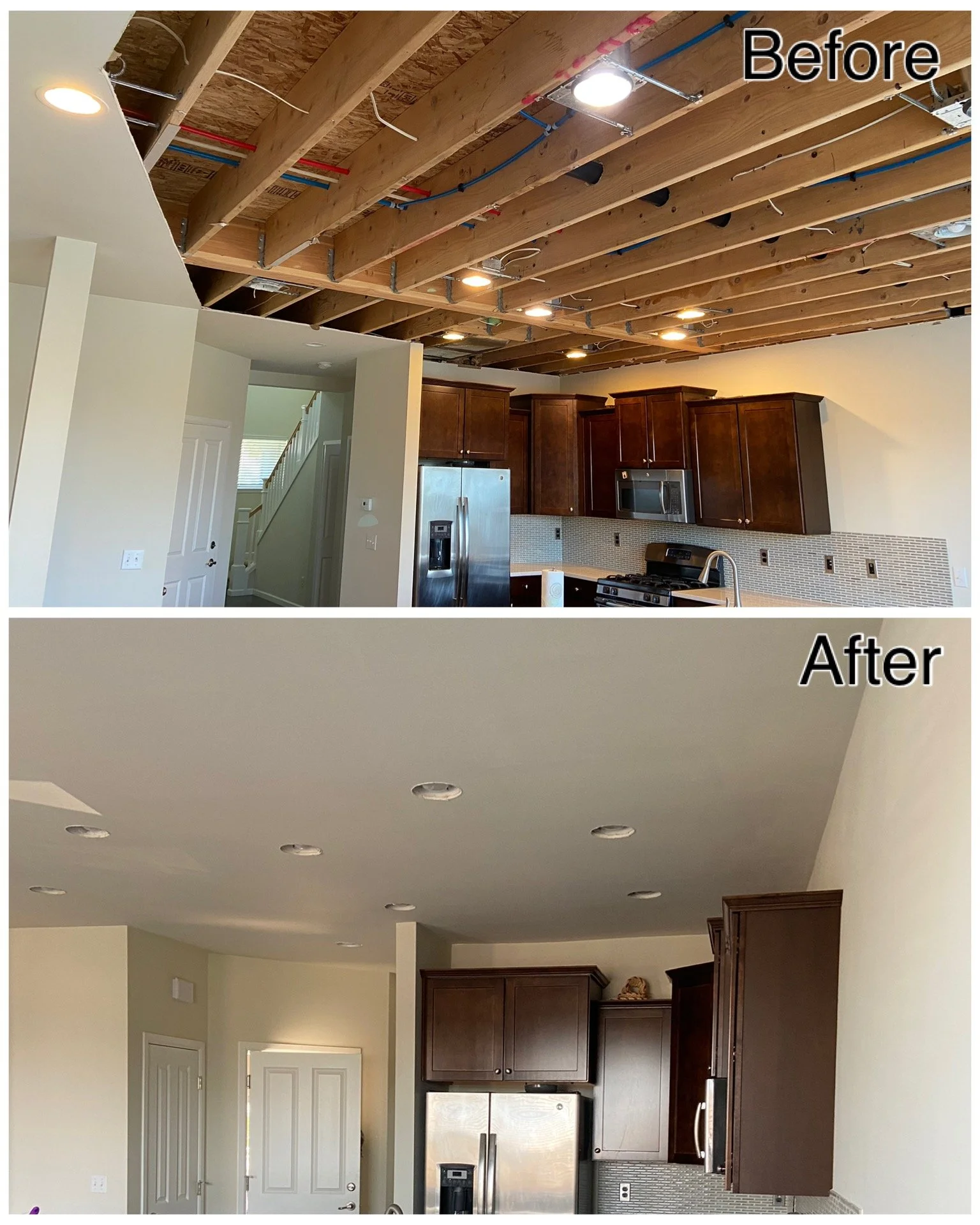 Before and after ceiling drywall repair in a Lynnwood, WA home showing exposed framing followed by a seamless finished and painted ceiling