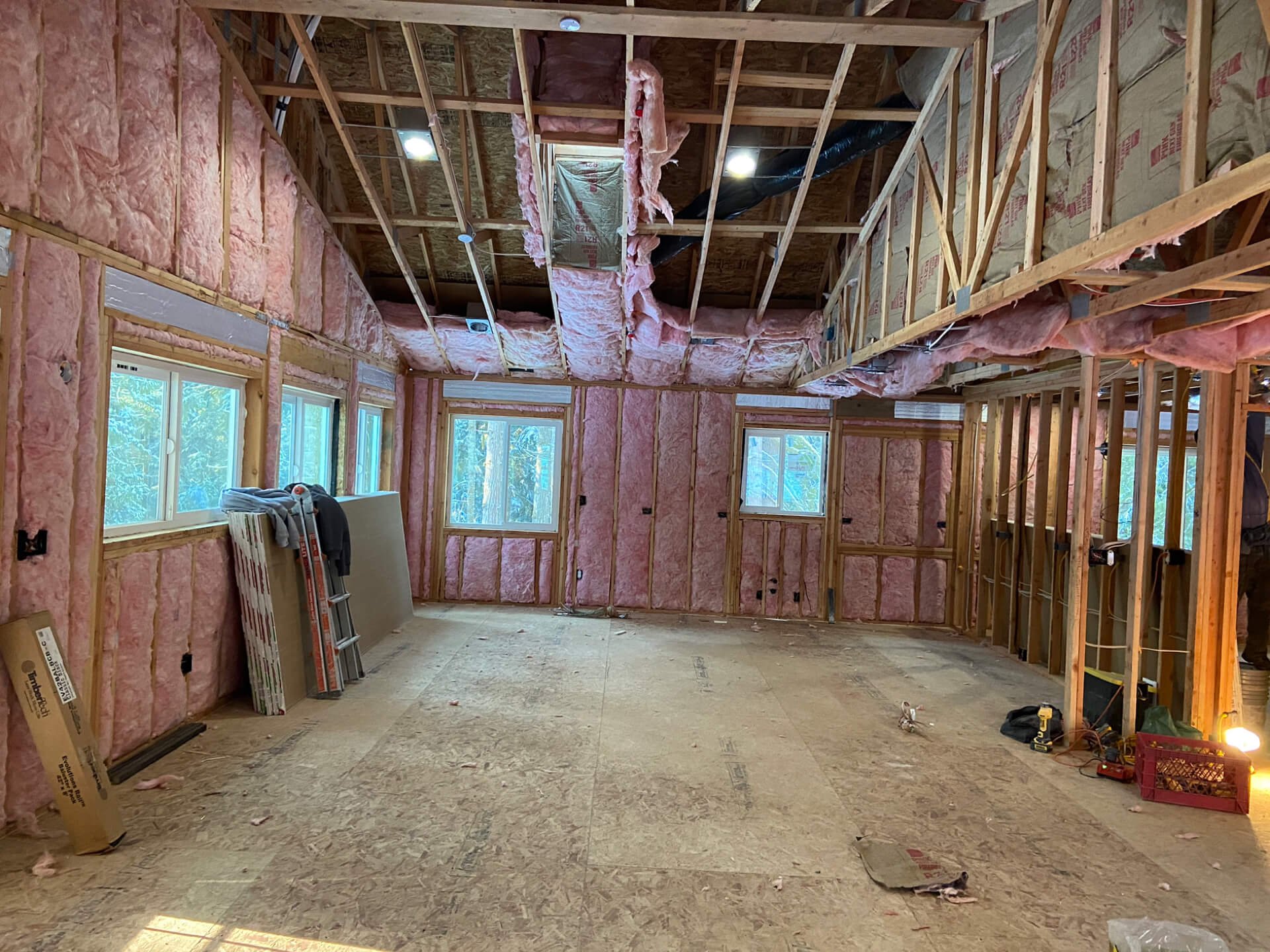 Before drywall installation during custom ADU remodel in Issaquah, WA showing framing and pre-drywall preparation