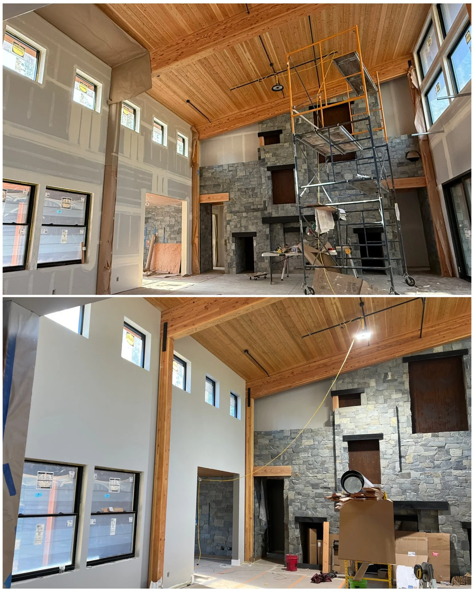 Before and after Duvall, WA custom home showing drywall installation and finishing followed by Level 4 smooth painted walls around a vaulted wood ceiling and stone fireplace