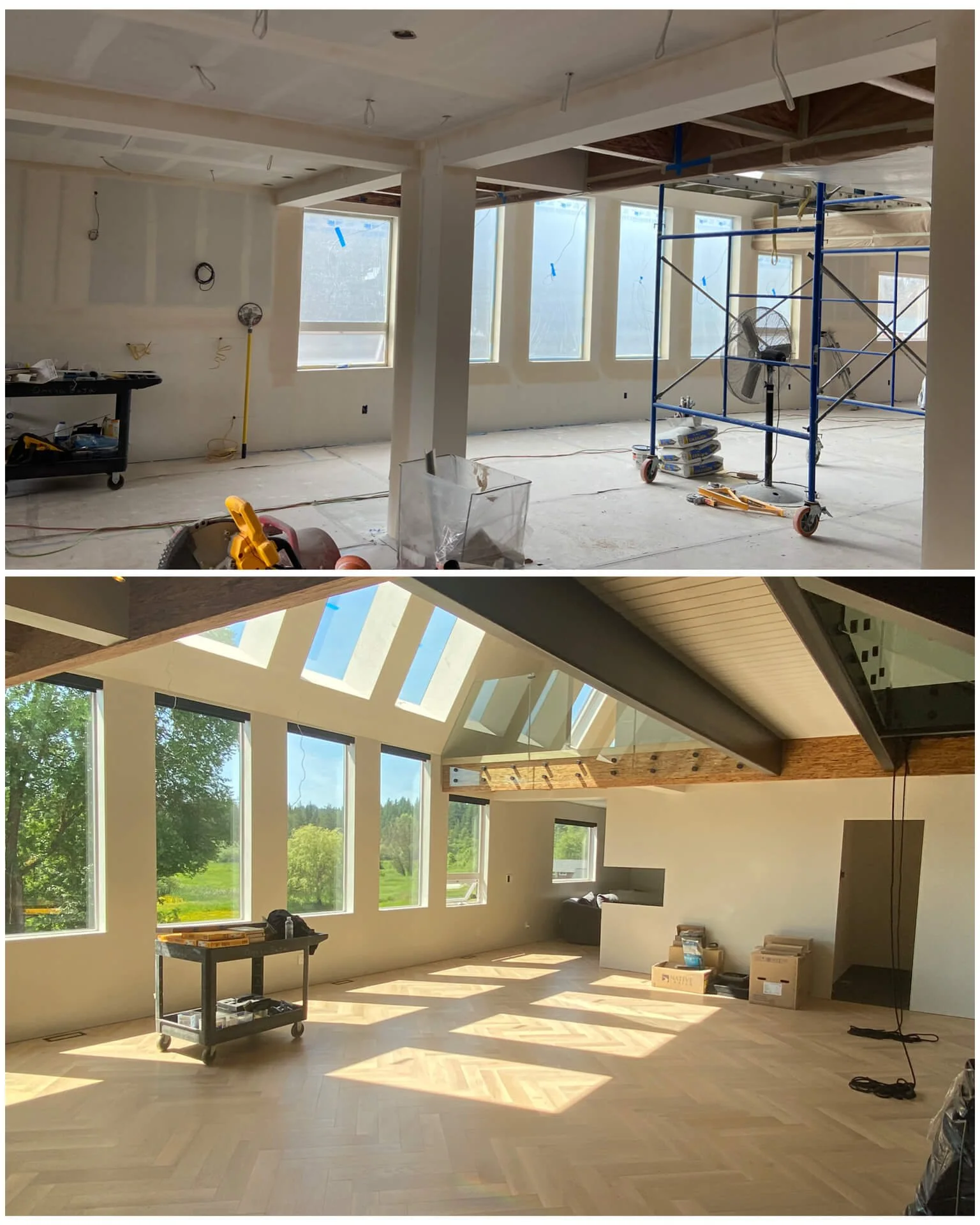 Before-and-after views of a Redmond whole-home remodel showing unfinished drywall and the completed Level 5 painted interior.