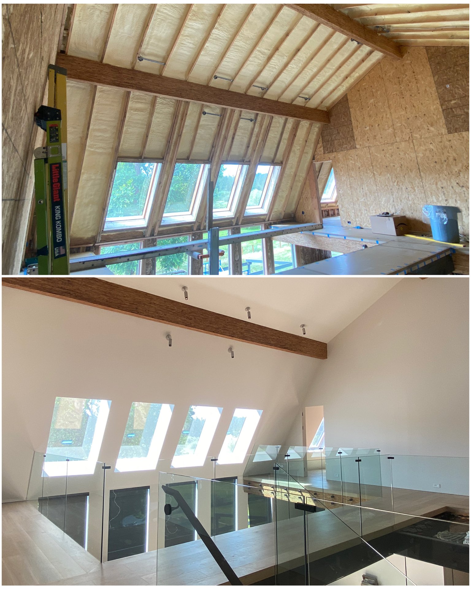 A room under renovation showing framing and construction on the upper part, and a finished room with white walls, wooden flooring, and a window on the lower part.