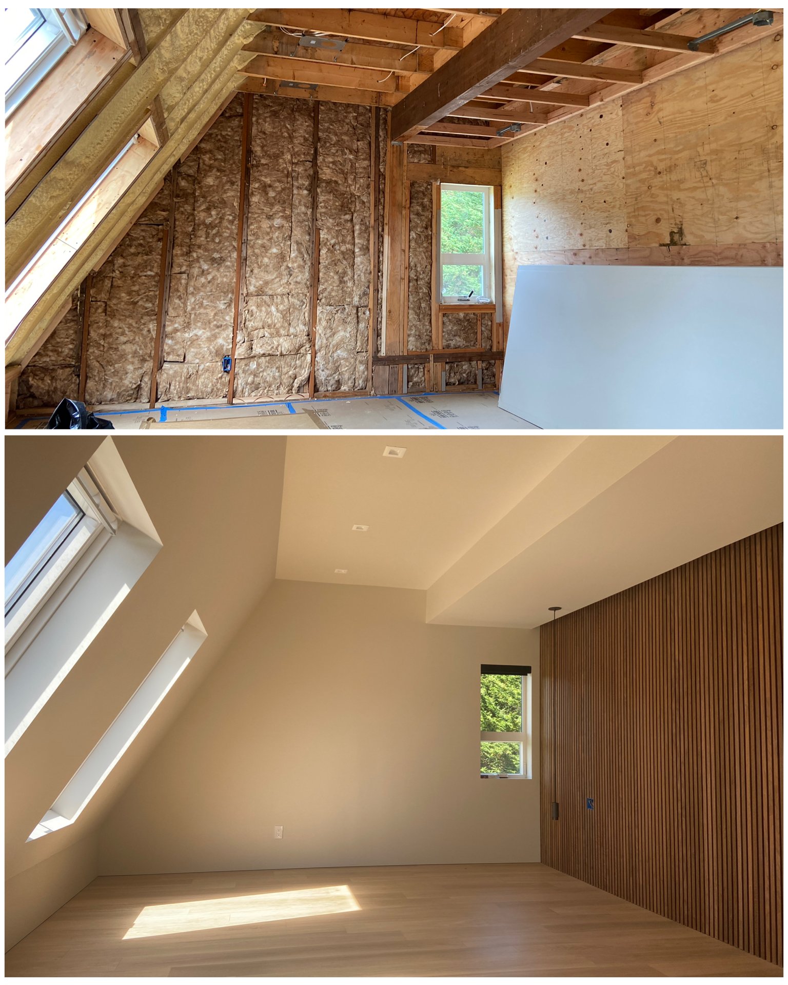 Before and after drywall installation in Redmond featuring Level 5 smooth finish, reglet detailing, and professional interior painting in a modern residential space.