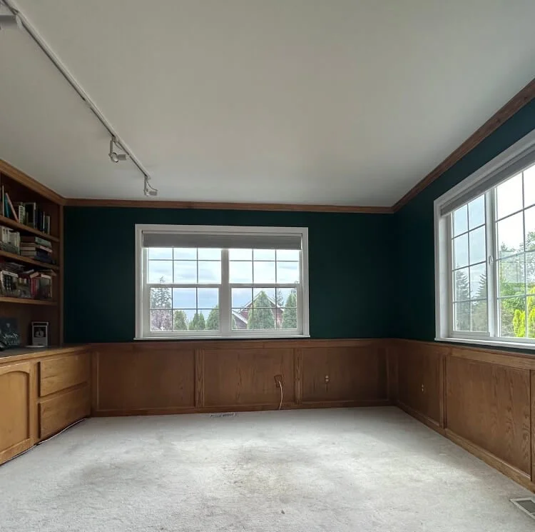 Bellevue room after seamless ceiling drywall repair, finish matching, primer, and interior painting