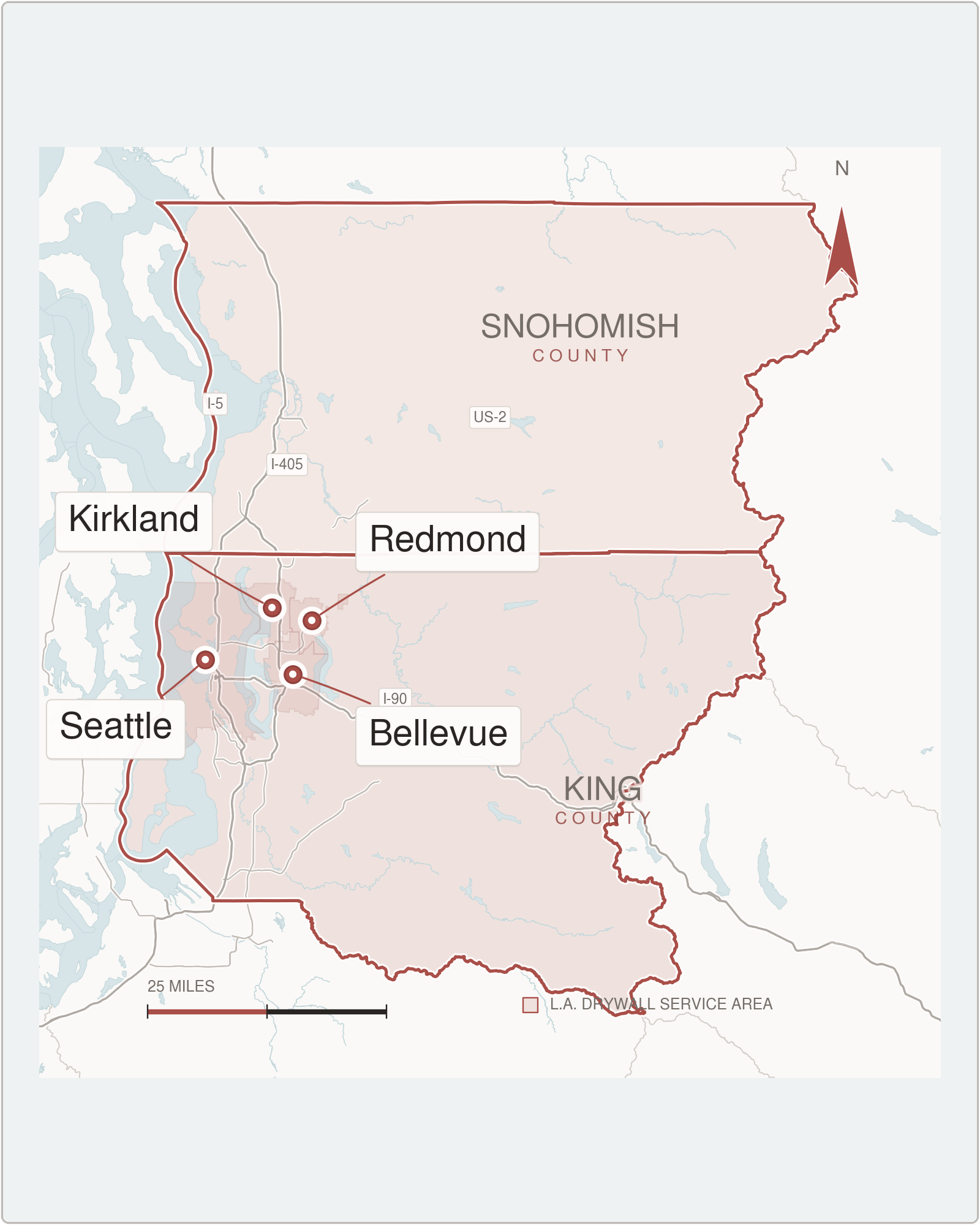 Map showing L.A. Drywall Inc. service coverage across King and Snohomish Counties in Washington