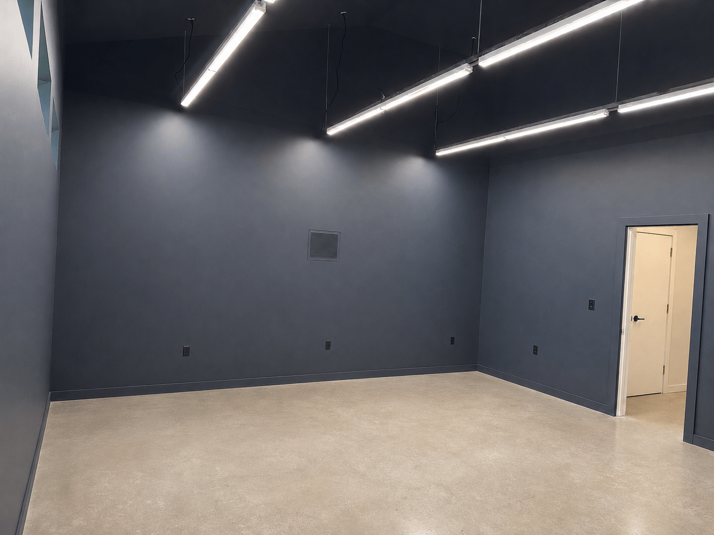 Finished Redmond interior with smooth Level 4 drywall, dark painted walls and ceiling, linear lighting, and polished concrete flooring.