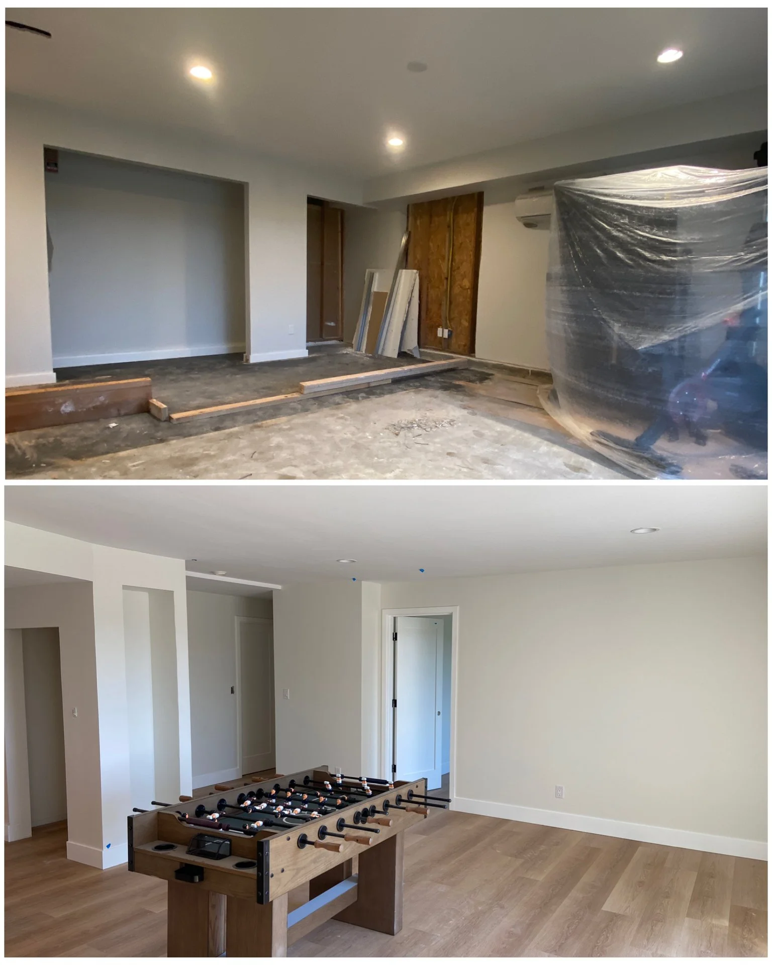 Sequence of photos showing a home renovation: top left depicts framing and insulation in an unfinished room; top right shows drywall installation in another room still under construction; bottom displays a finished room with painted walls, ceiling lights, and carpeted floor after renovation is completed.