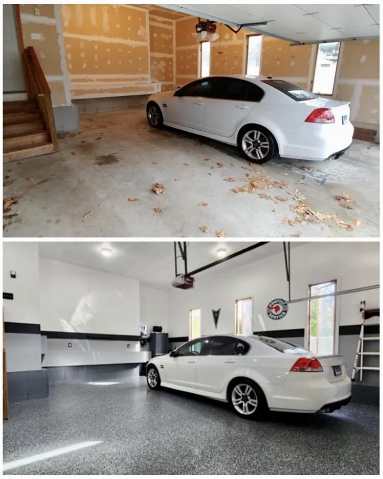 Before and after garage drywall finishing upgrade showing builder grade walls transformed into smooth Level 4 painted garage interior