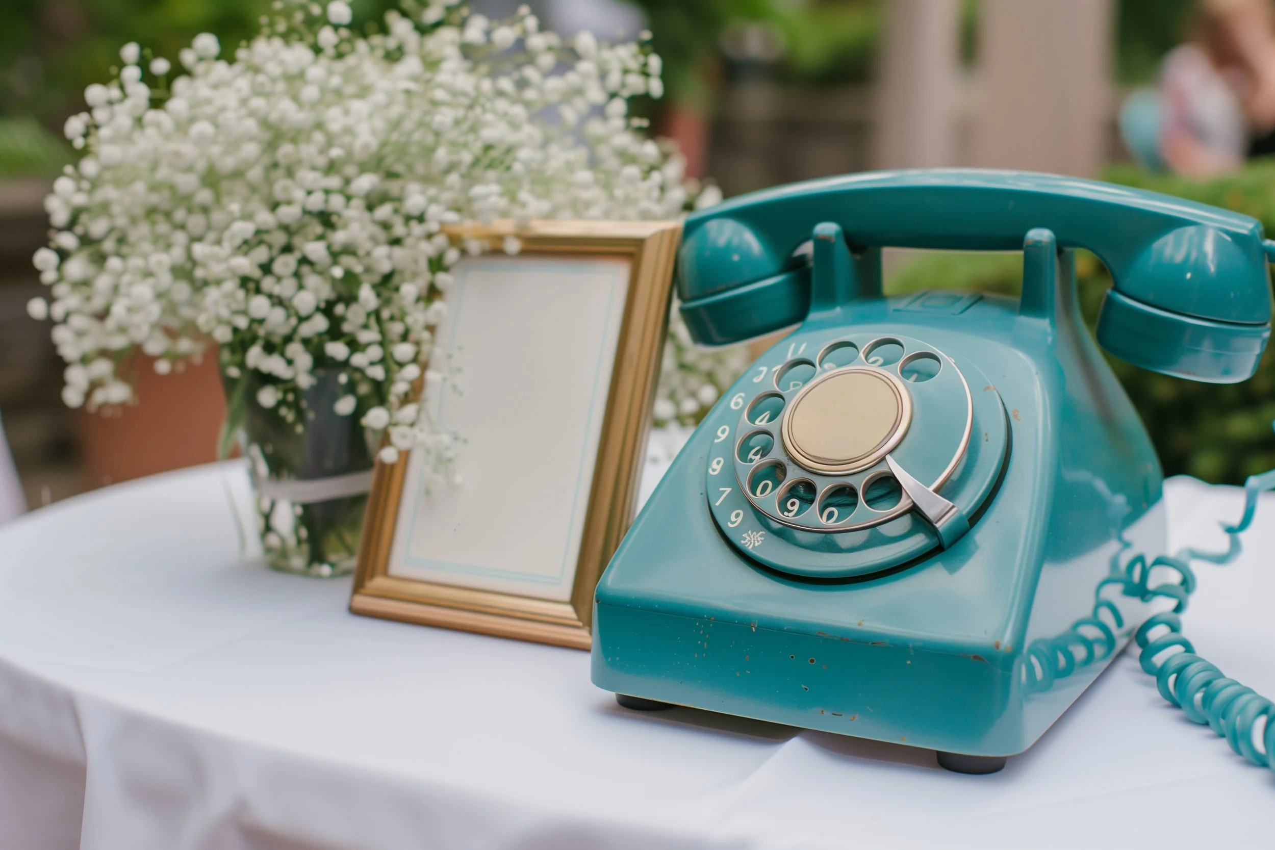 A vintage blue rotary telephone on a white table next to a small flower arrangement of white baby's breath and an empty gold frame.