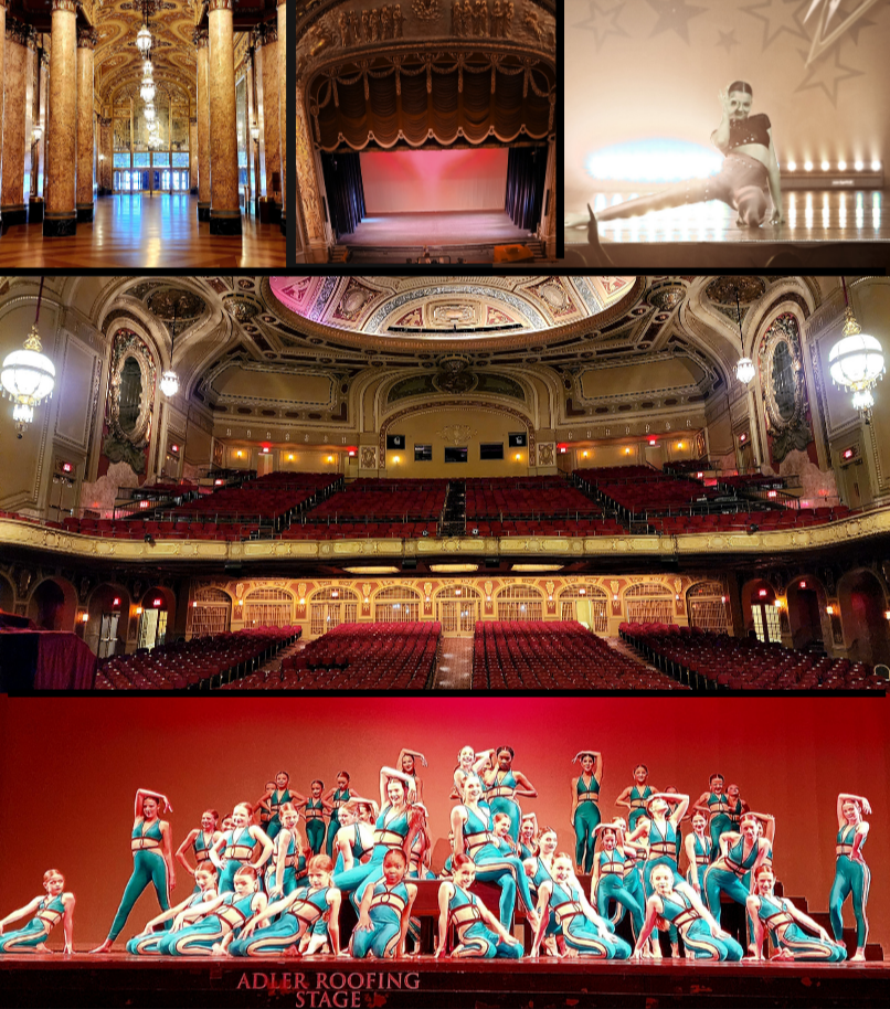 Images of a theater with ornate architecture, a stage with a performer, an empty auditorium, and a dance troupe performing.
