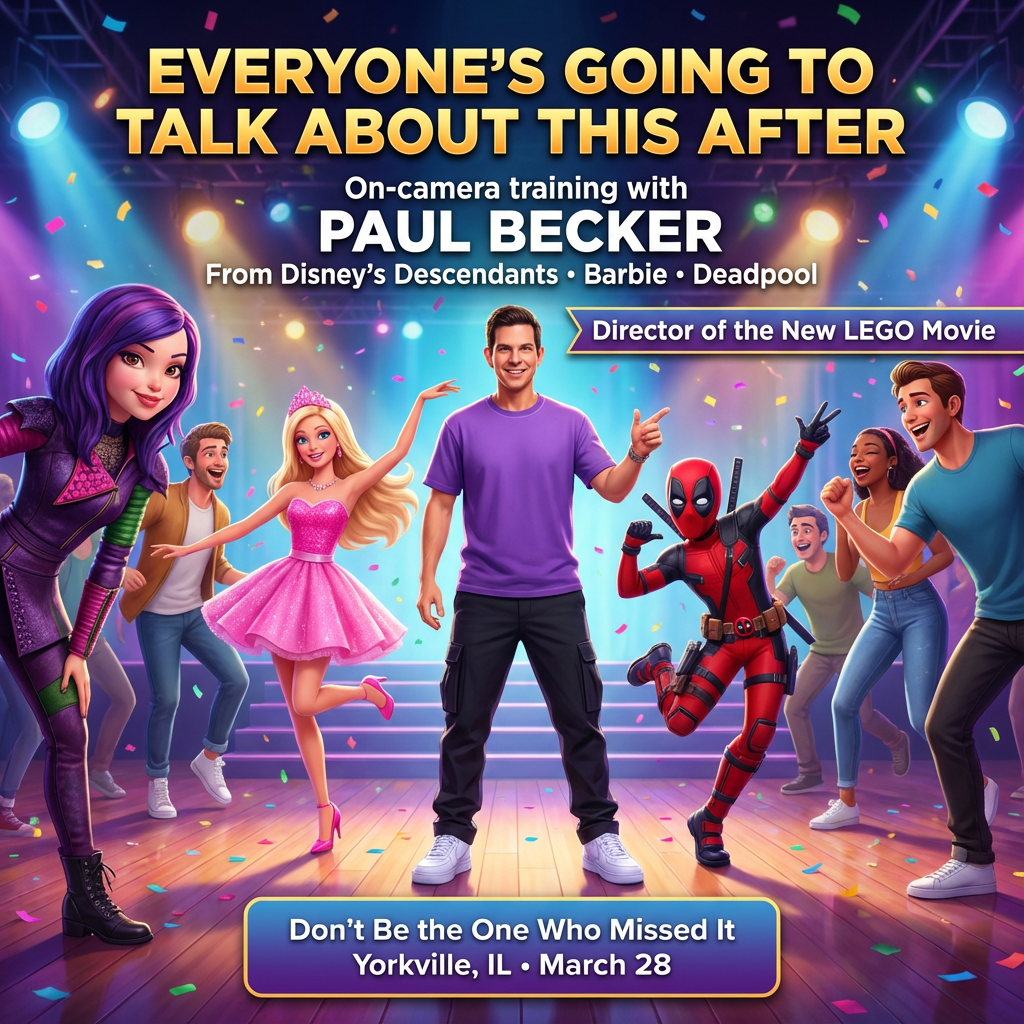 A colorful promotional poster for an on-camera training event with Paul Becker, featuring animated characters including Barbie, Deadpool, and Disney's Descendants characters, celebrating on a stage with confetti, with text about the event and location in Yorkville, IL on March 28.