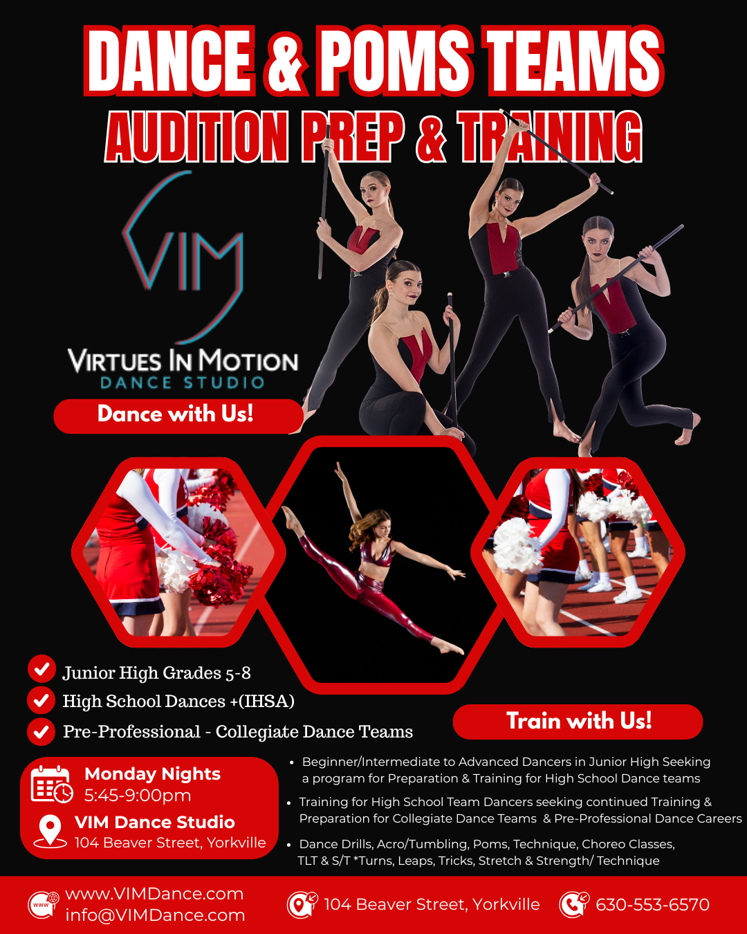 Advertisement for VIM Dance Studio offering audition prep and training for dance teams, featuring images of dancers and cheerleaders, with details about class schedules, age groups, and contact information.