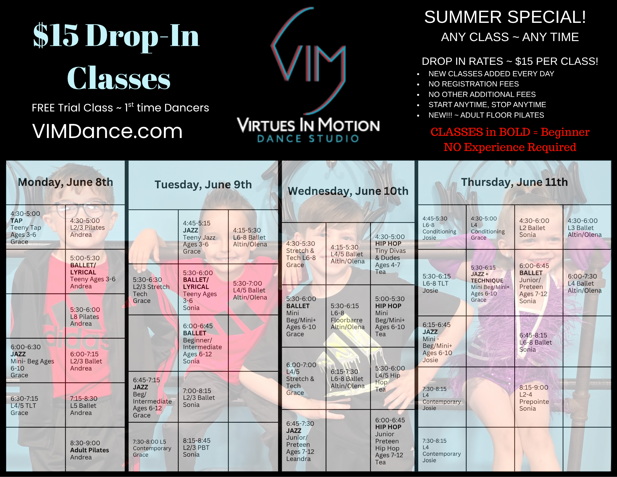 Class schedule for Virtues In Motion Dance Studio, showing a week of dance classes for various age groups with times and instructor names, featuring a promotional banner for $15 drop-in classes, summer special, with a studio logo.