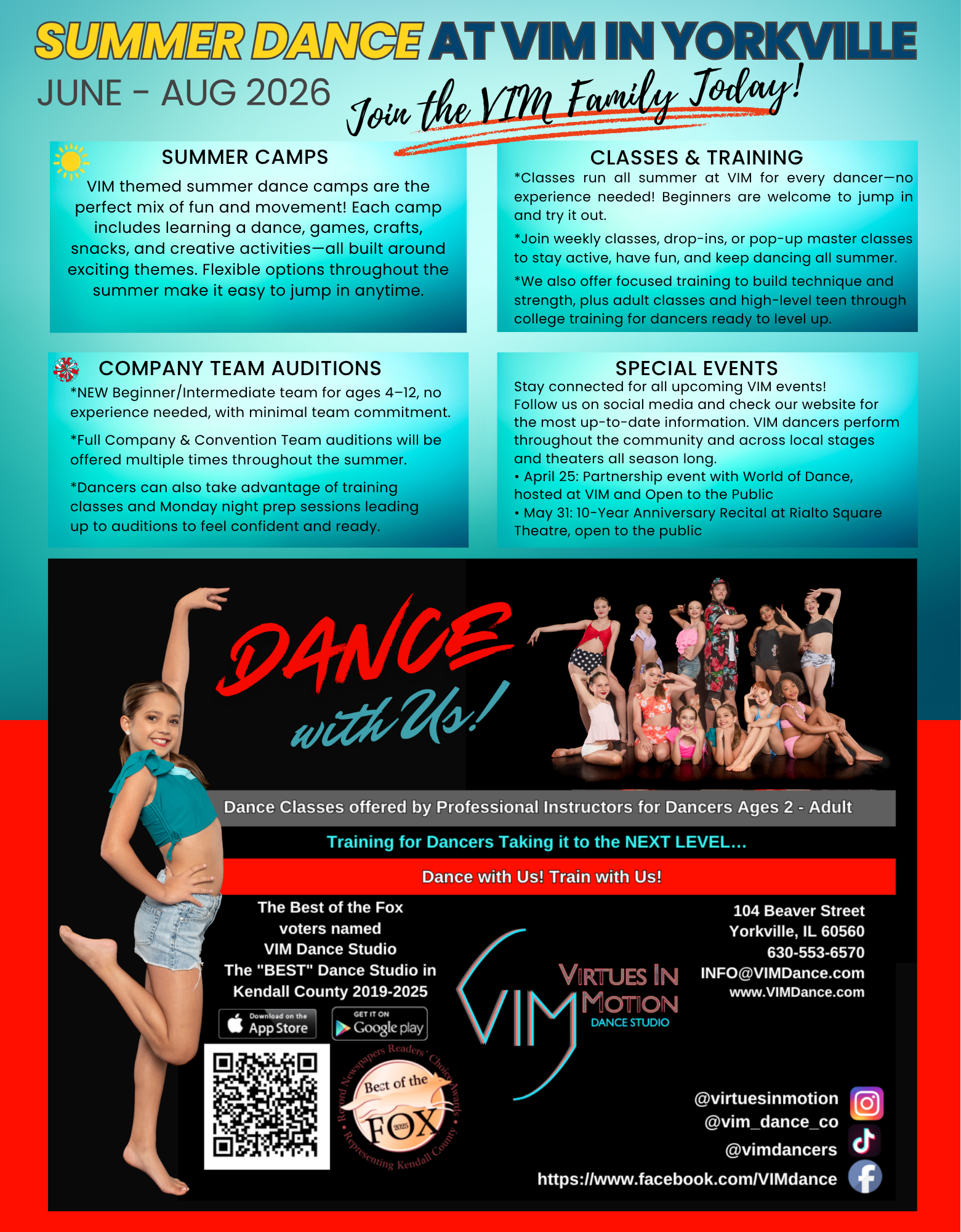 Poster promoting VIM dance studio summer dance classes, training, auditions, and events with images of young dancers, including a smiling girl in a teal outfit and a group of children in dance costumes.