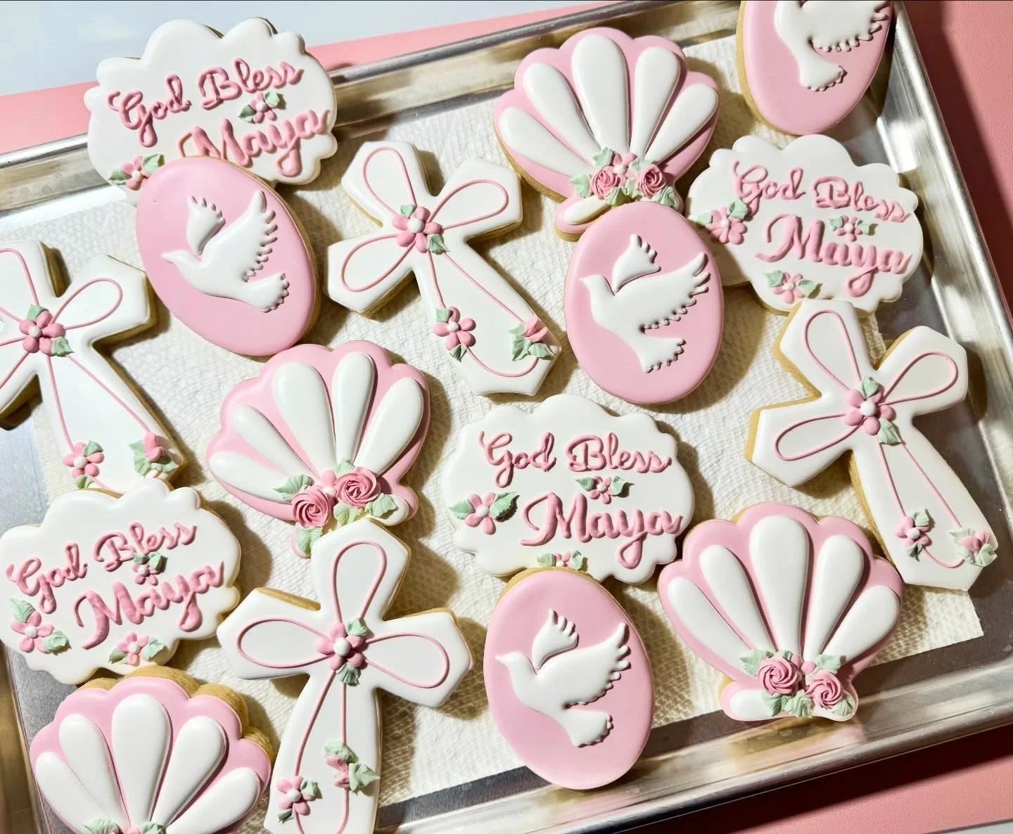Delicate pinks, doves, and the sweetest little shells &mdash; a beautiful celebration of faith and live.  Blessed to make it here cookies for this precious girl&rsquo;s baptism and the start of her beautiful journey with God.
.
.
#BabyBaptism #Blesse