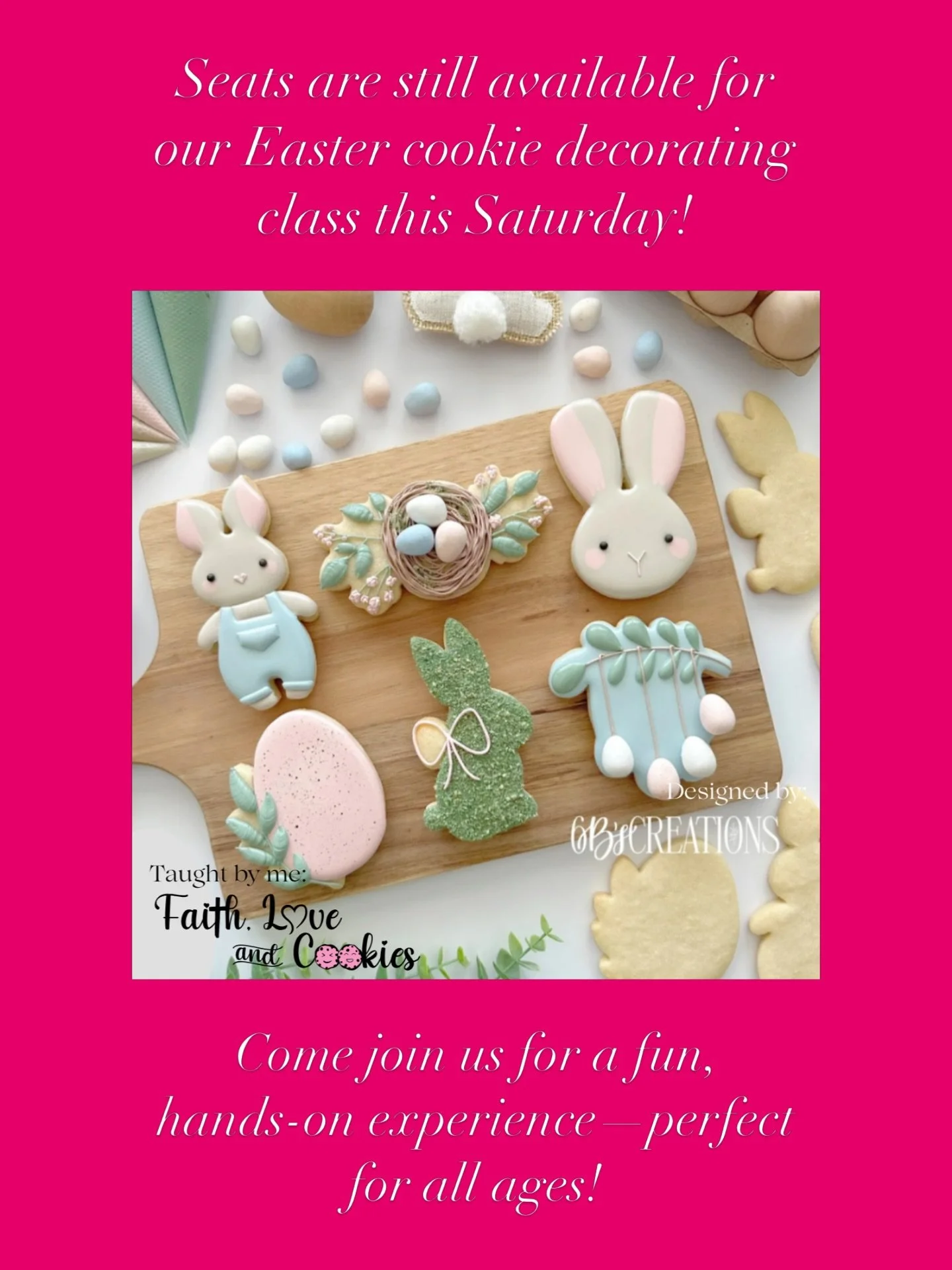 Seats are still available for our Easter cookie decorating class this Saturday! 🐣✨ Come join us for a fun, hands-on experience&mdash;perfect for all ages!
Sign up on our website or by using the link in my bio. 
www.FaithLoveandCookies.com
