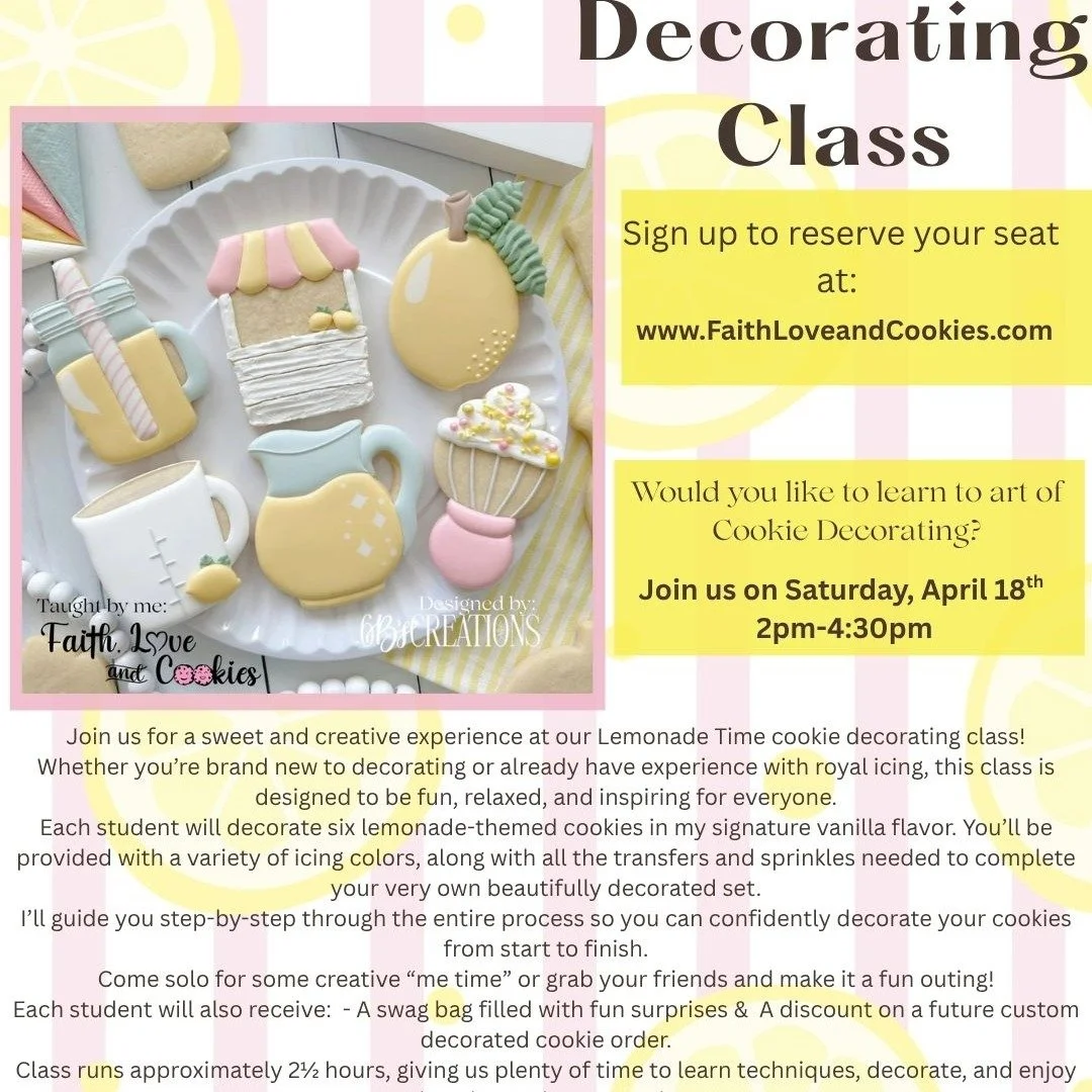Join us for a sweet and creative experience at our Lemonade Time cookie decorating class! 
Whether you&rsquo;re brand new to decorating or already have experience with royal icing, this class is designed to be fun, relaxed, and inspiring for everyone