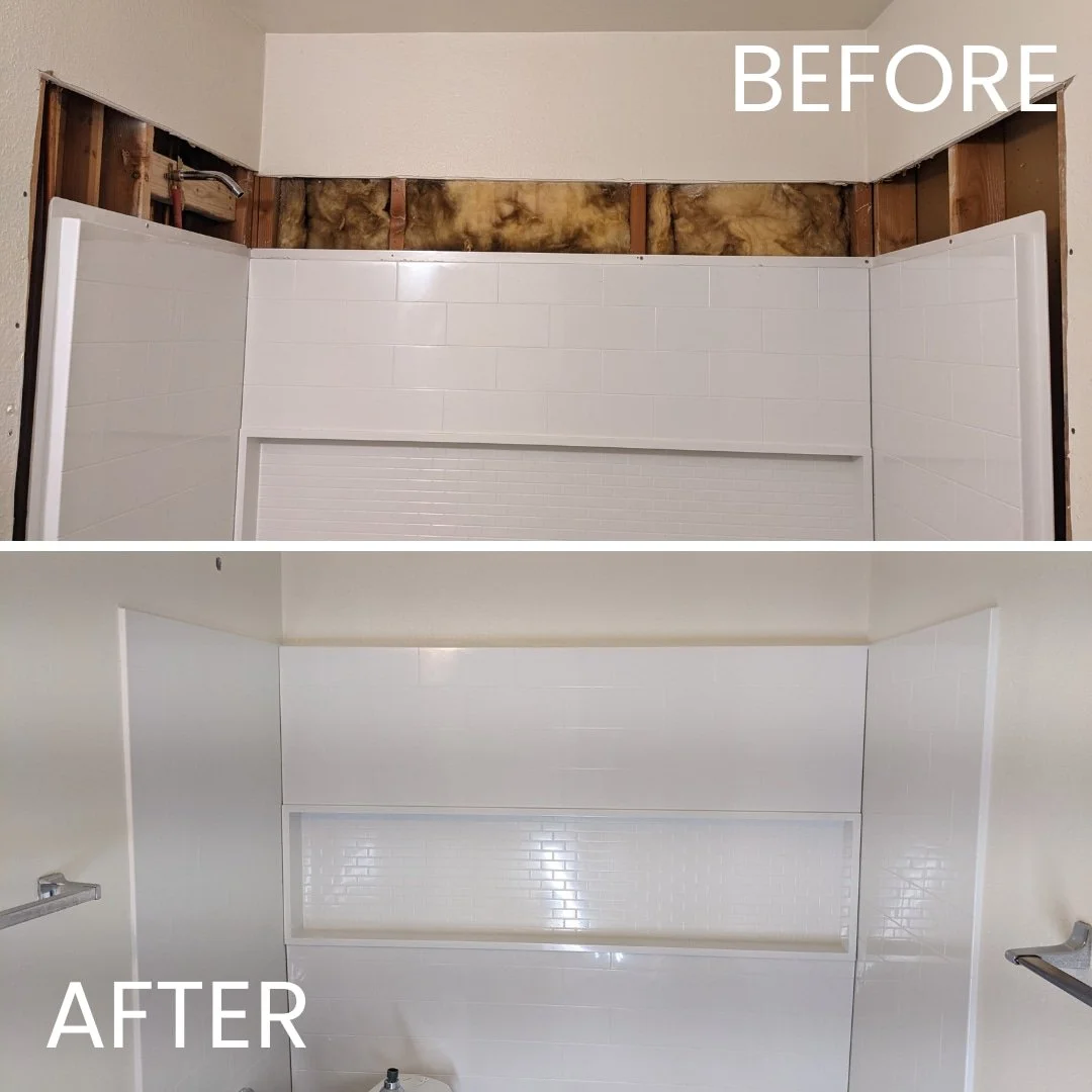 before and after drywall repairs on tub surround