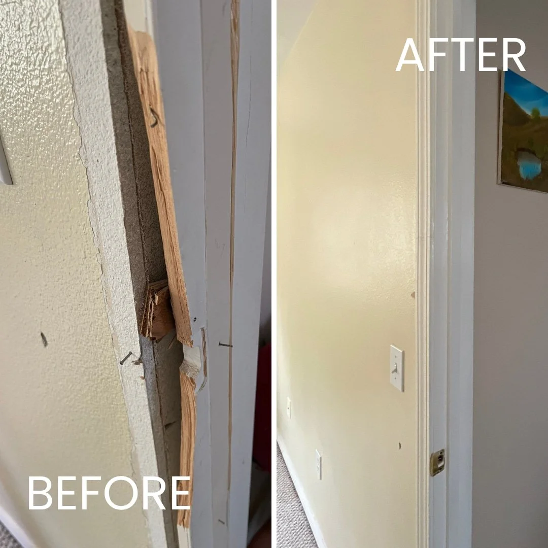 before and after photo of door jamb repair