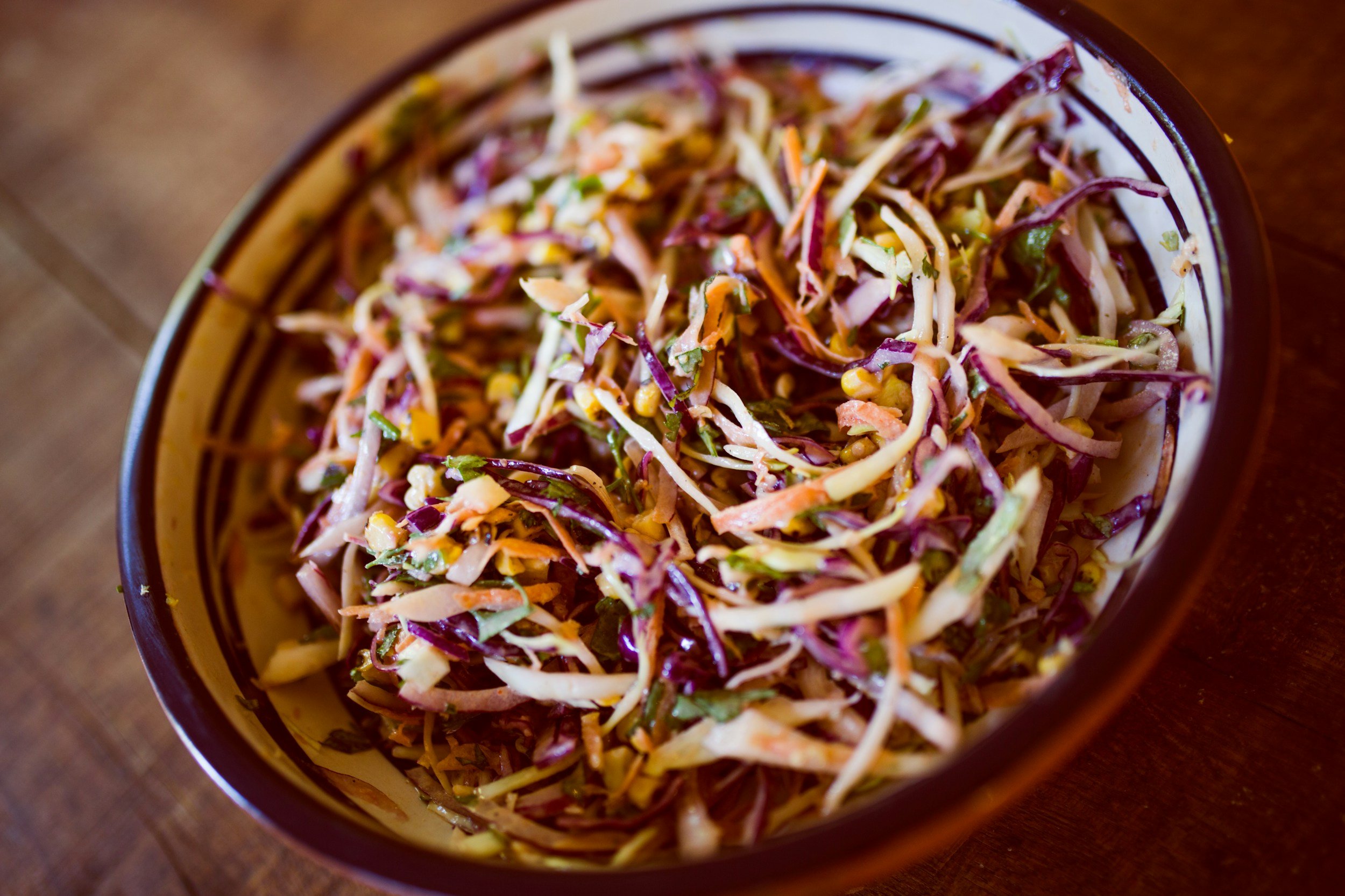 Coleslaw in bowl at an angle