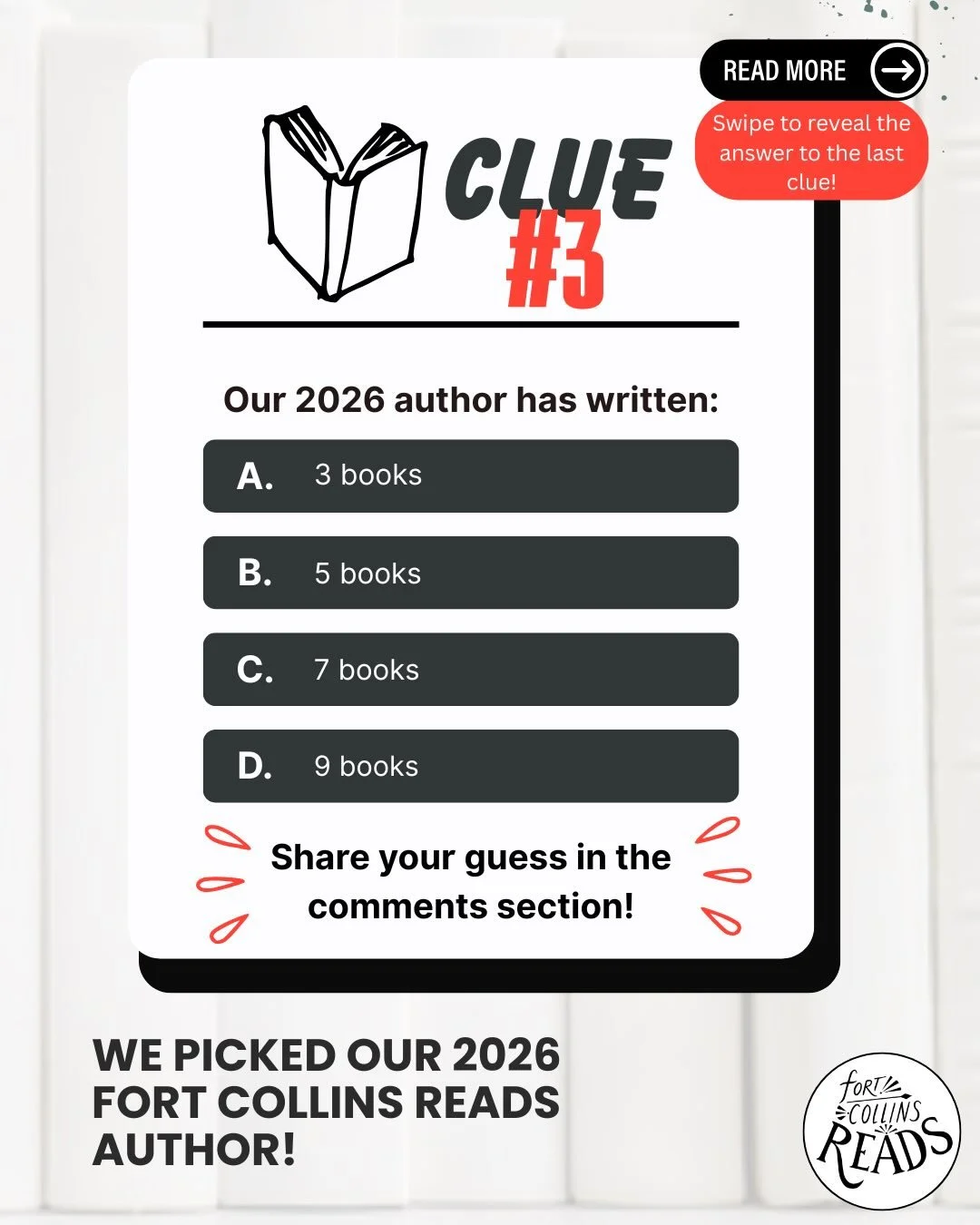 Here is your third clue! 🕵️ How are you doing so far?

How many books has our 2026, National Book Award winning author written? 3, 5, 7, or 9? 📖

Put your answer (and author guess) in the comments below! Every correct guess is another chance to win