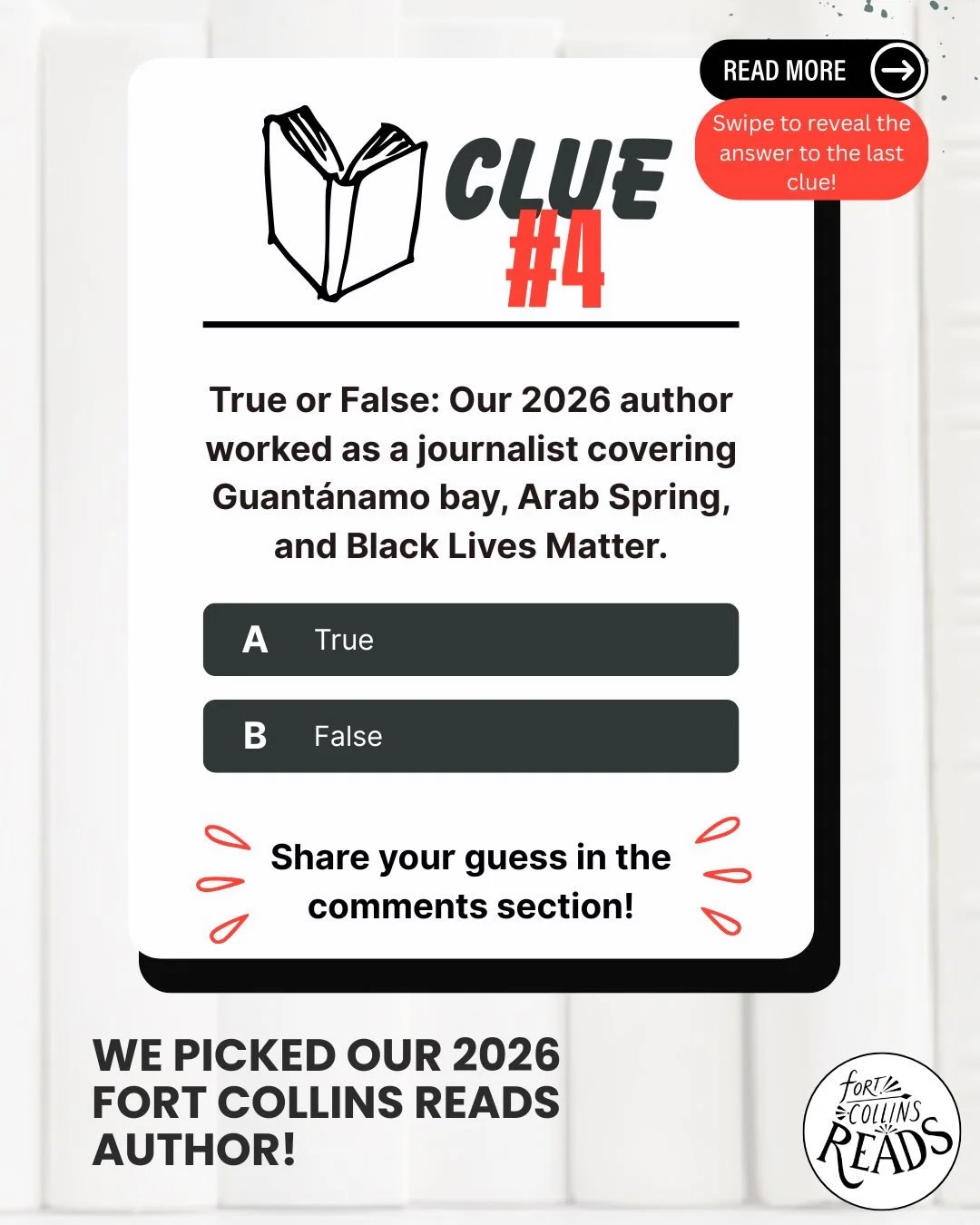 Who could it be? 🧐 Can you figure it out with our fourth clue? 

True or false, our 2026 author worked as a journalist covering Guant&aacute;namo Bay, Arab Spring, and Black Lives Matter?

Post your answer and author guest in the comments below! Eve