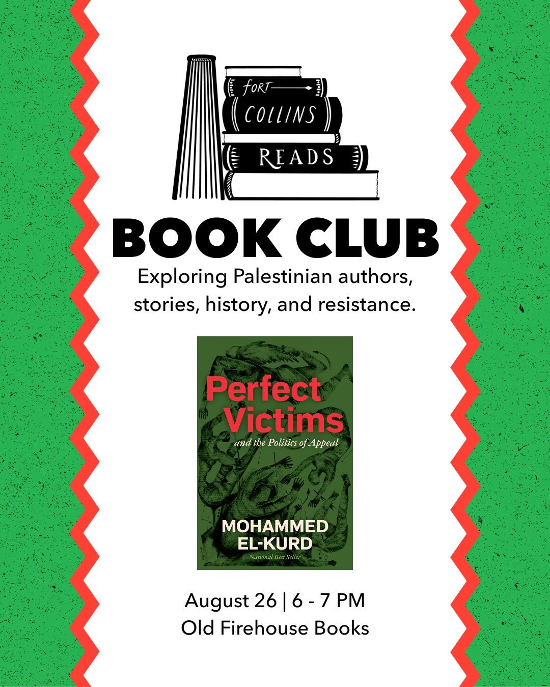 Book club is just one week away! Join members of the Fort Collins Reads committee in-person @oldfirehousebooks on Wednesday, August 26th from 6-7 PM to discuss &ldquo;Perfect Victims and the Politics of Appeal&rdquo; by @mohammedelkurd. 

Don&rsquo;t