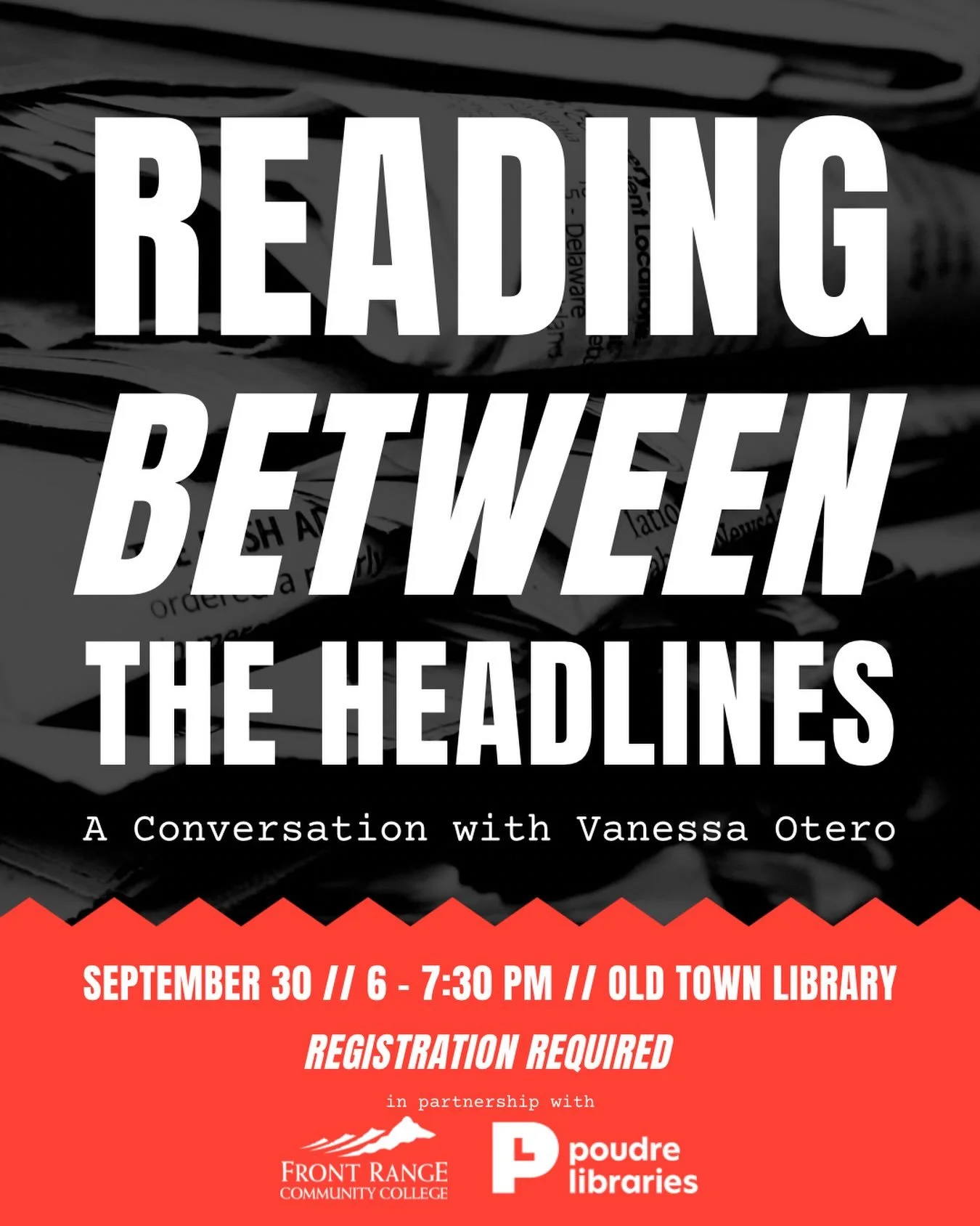 Fort Collins Reads is proud to announce we&rsquo;ve partnered with @poudrelibraries and @frccedu to present Reading Between the Headlines: A Conversation with Vanessa Otero on September 30 from 6-7:30 PM at Old Town Library. 

Join Vanessa Otero, cre