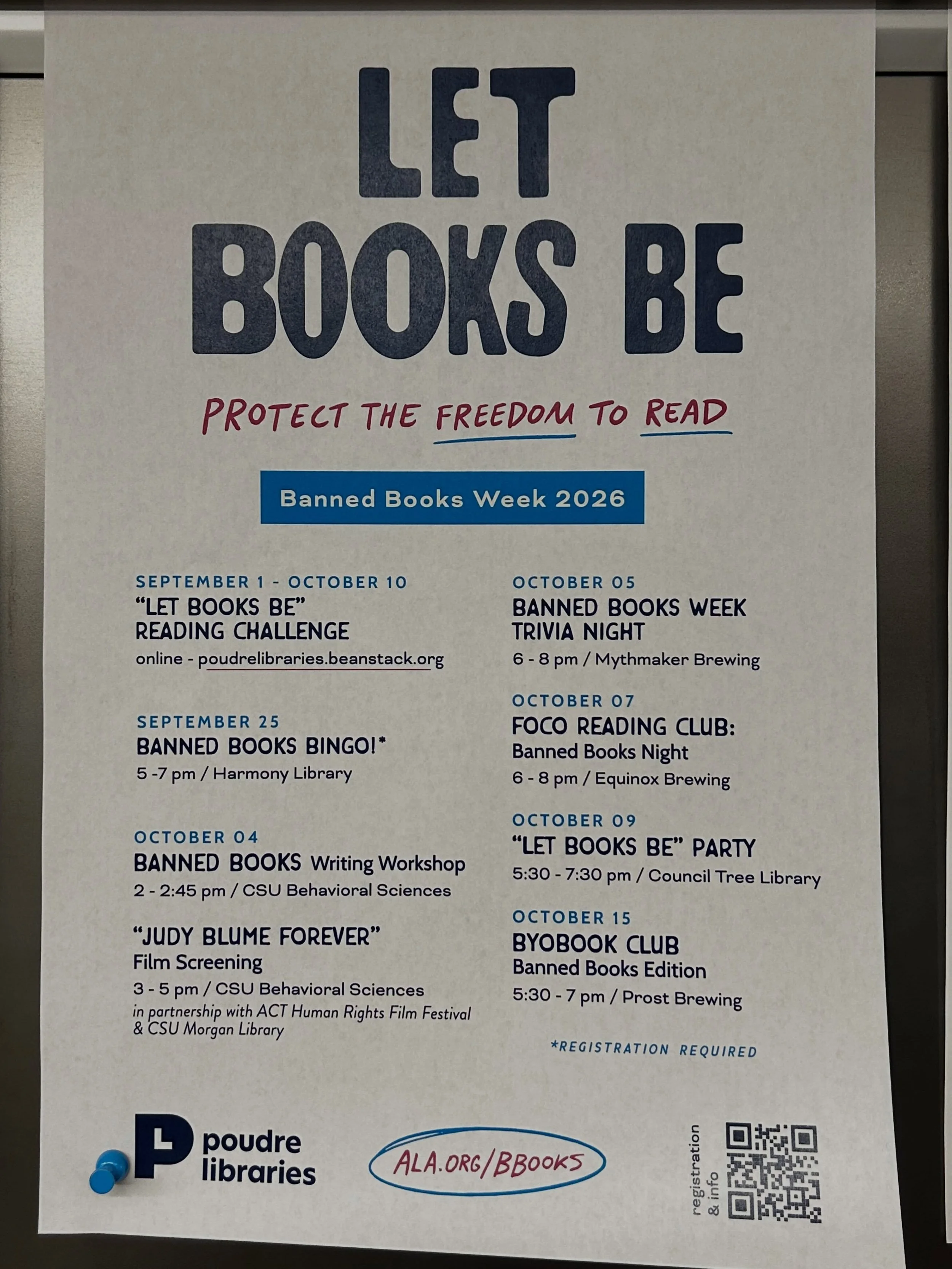 LET BOOKS BE! 
Today is the first day of Banned Books Week. All of us at Fort Collins Reads are dedicated to intellectual freedom and firmly believe that book banning and censorship are never acceptable. You can participate in Banned Books Week in a 