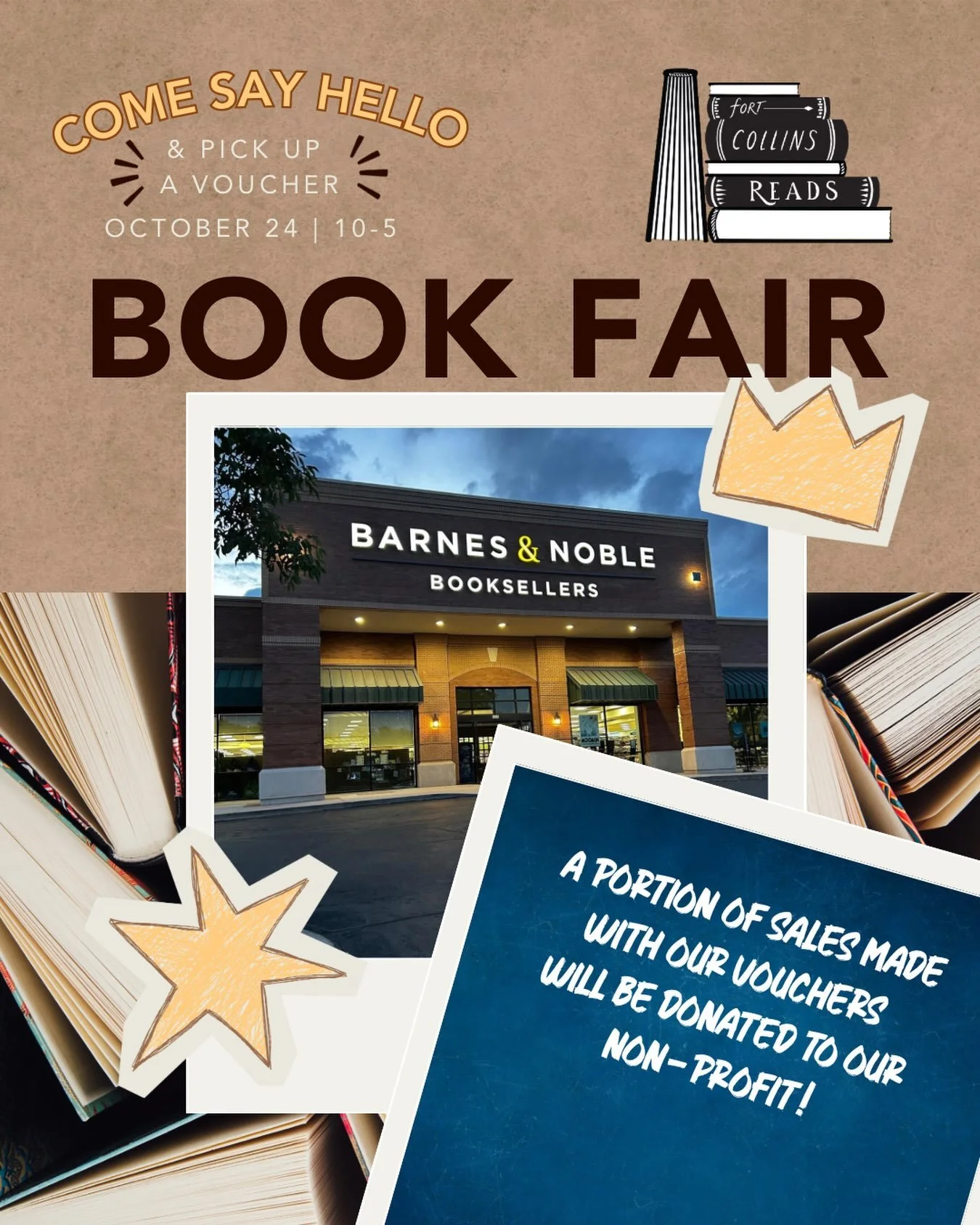 Stop by and say hi @bnfortcollins on October 24th! Talk with members of our committee and get a voucher that will donate a portion from the sale of anything you buy back to Fort Collins Reads!