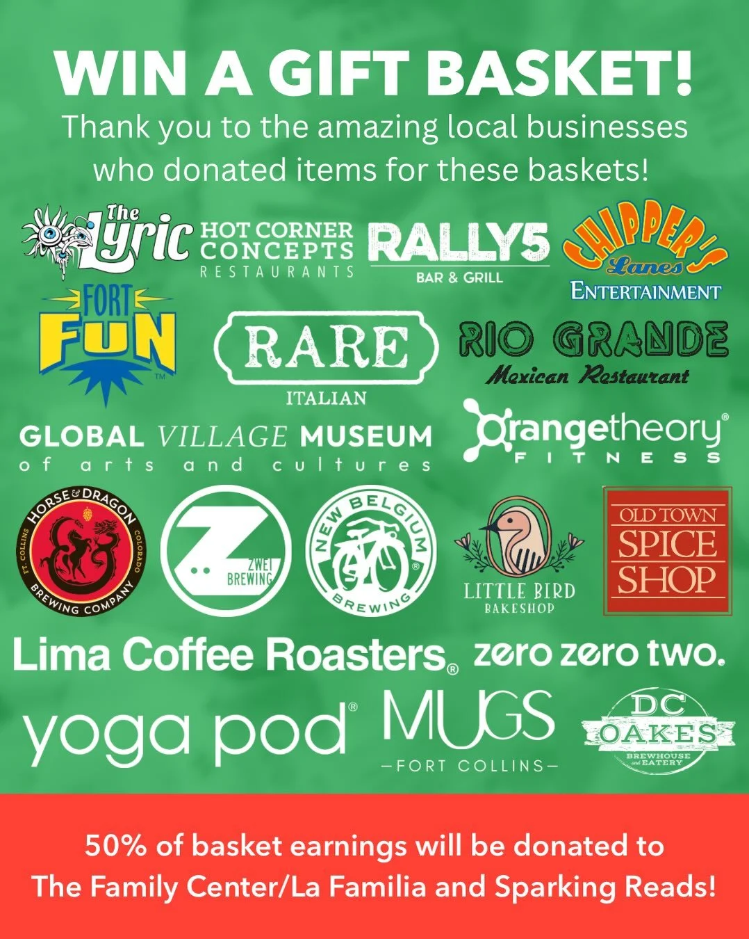 Be sure to arrive early for our author event on November 8th for a chance to win a gift basket! Each basket is filled with items generously donated by local businesses throughout Fort Collins.

50% of all basket earnings will be donated to two local 